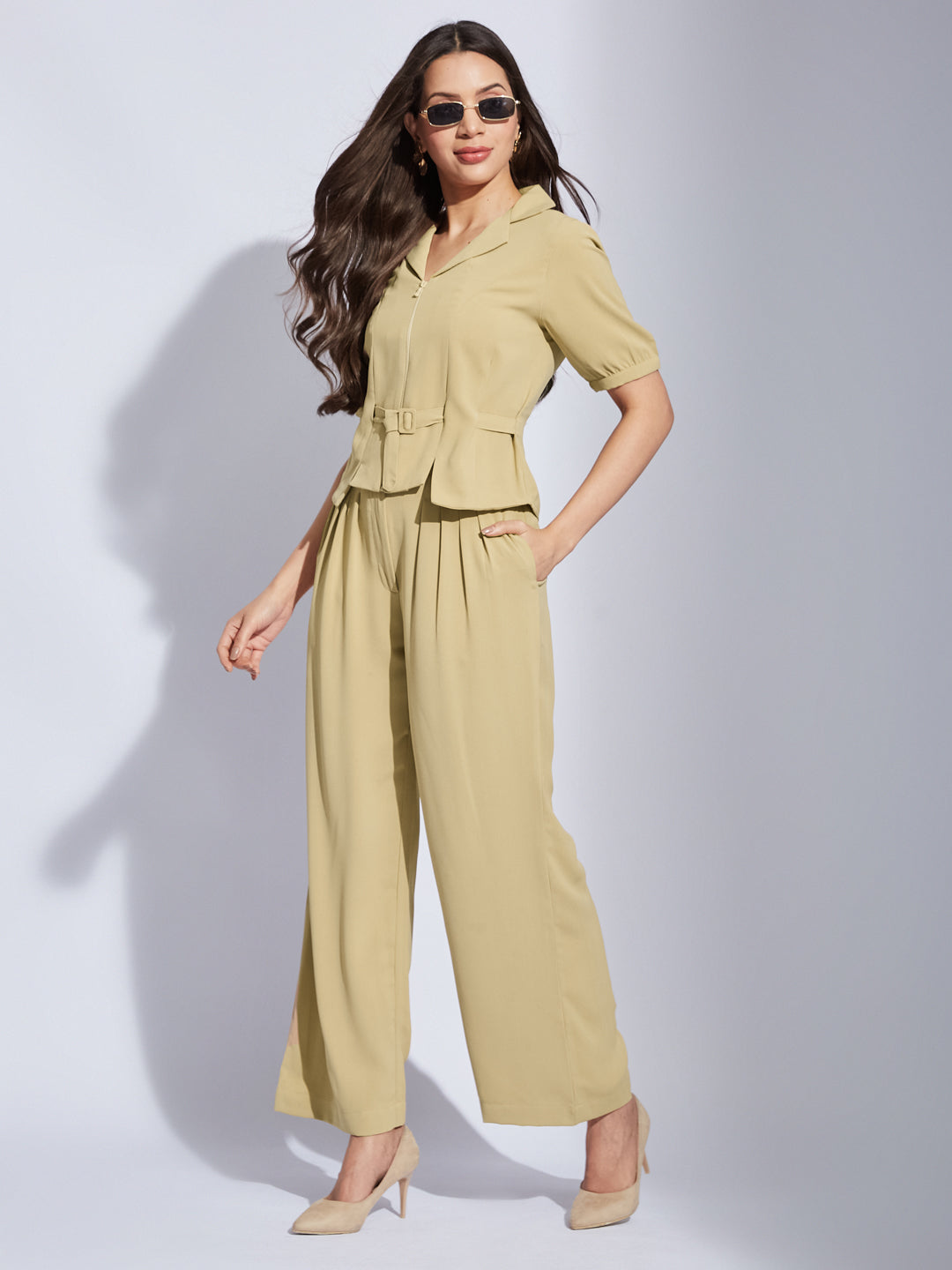 Latin Quarters Women Beige Collared Half Sleeves Solid Top Blouse