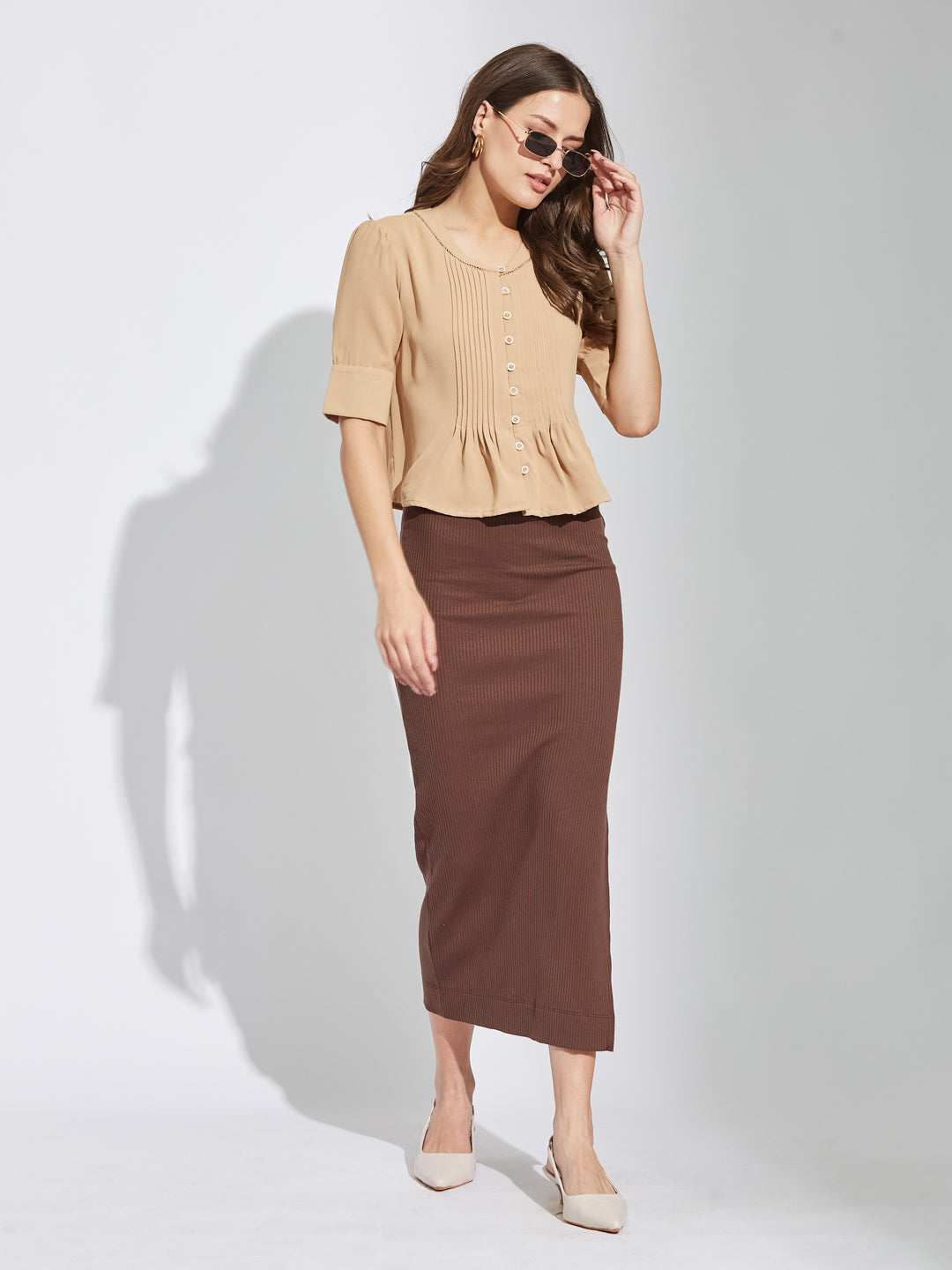 Latin Quarters Women Beige Round Neck Half Sleeves Solid Top Blouse For Casual Wear