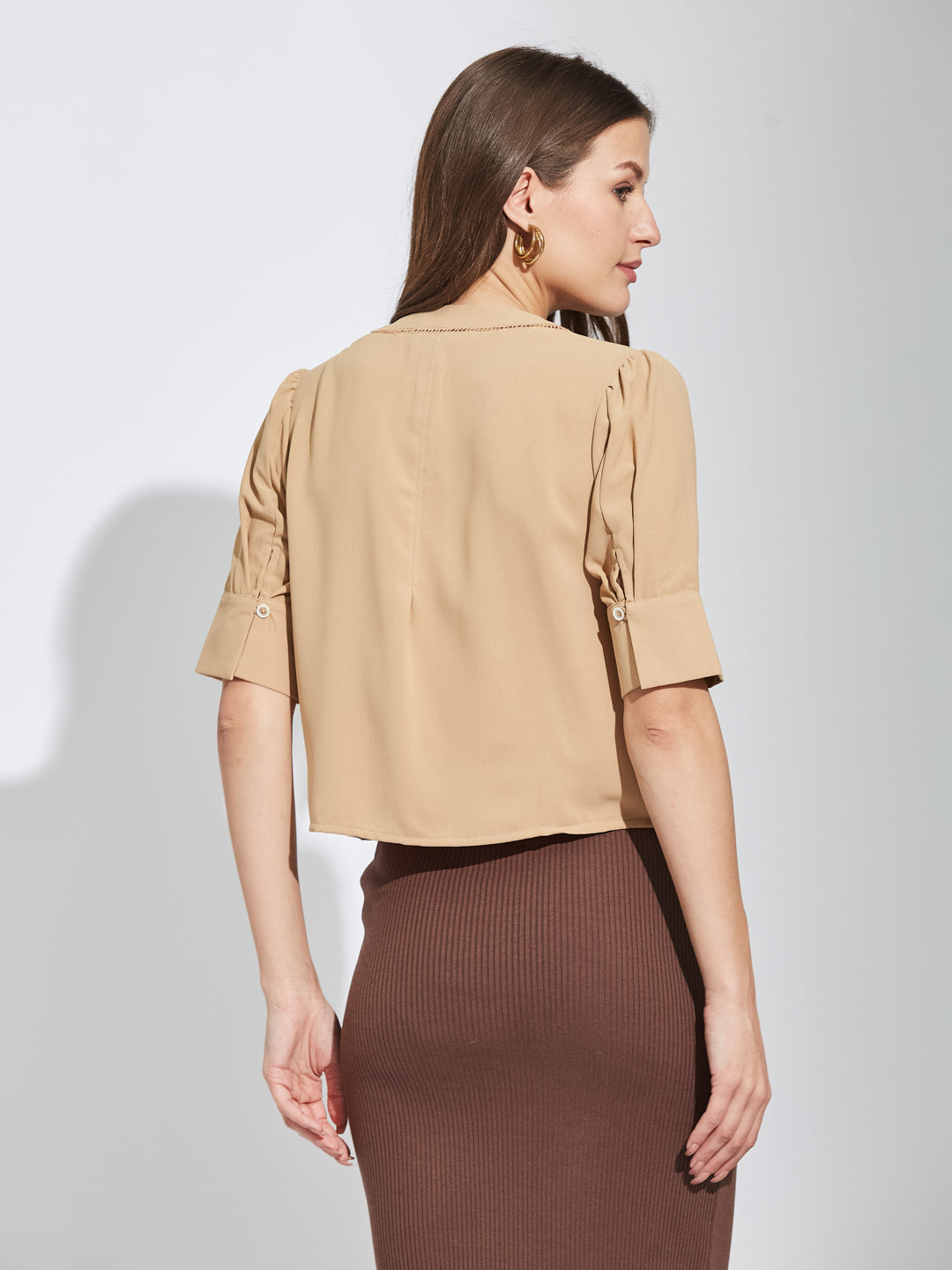 Latin Quarters Women Beige Round Neck Half Sleeves Solid Top Blouse For Casual Wear