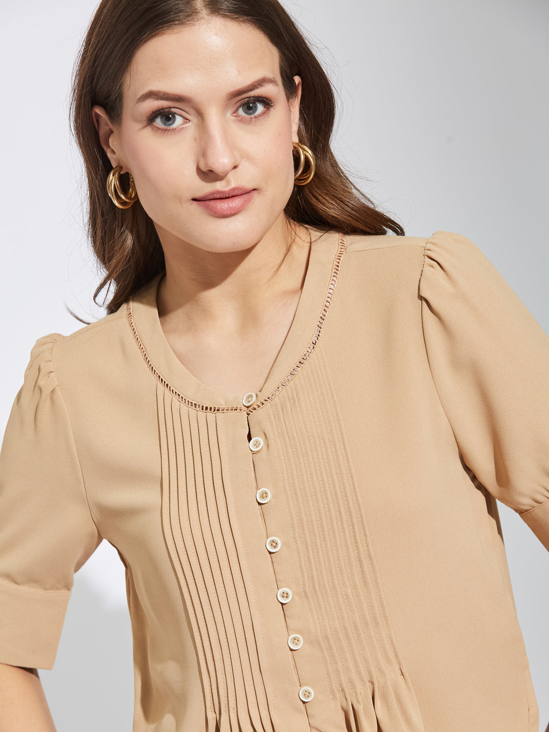 Latin Quarters Women Beige Round Neck Half Sleeves Solid Top Blouse For Casual Wear