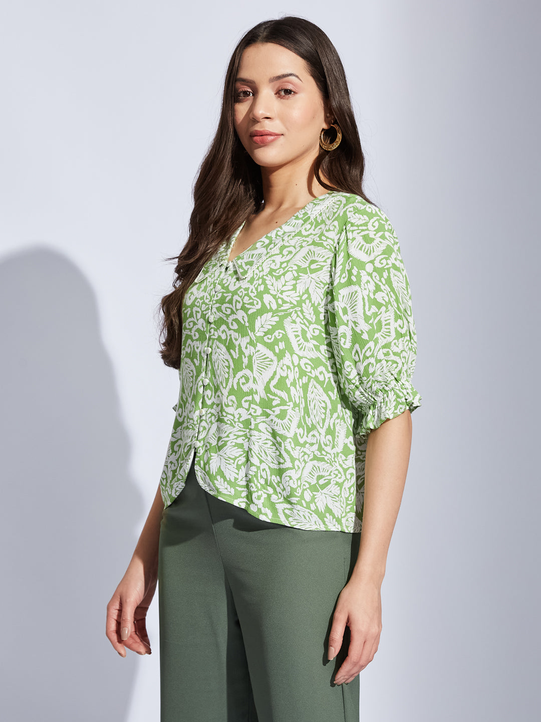 Latin Quarters Women Green Collared Half Sleeves Printed Shirt Blouse For Casual Wear