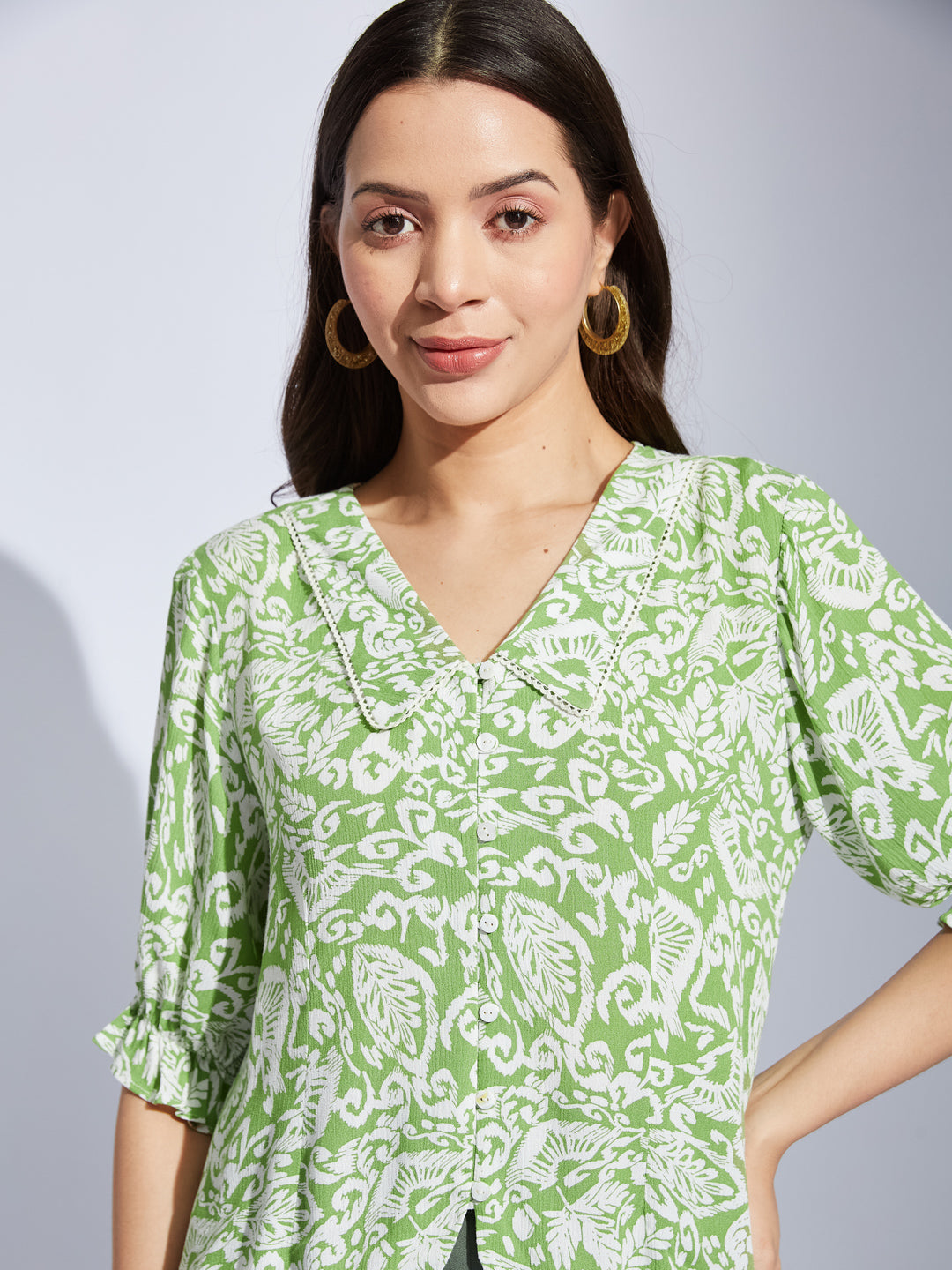Latin Quarters Women Green Collared Half Sleeves Printed Shirt Blouse For Casual Wear