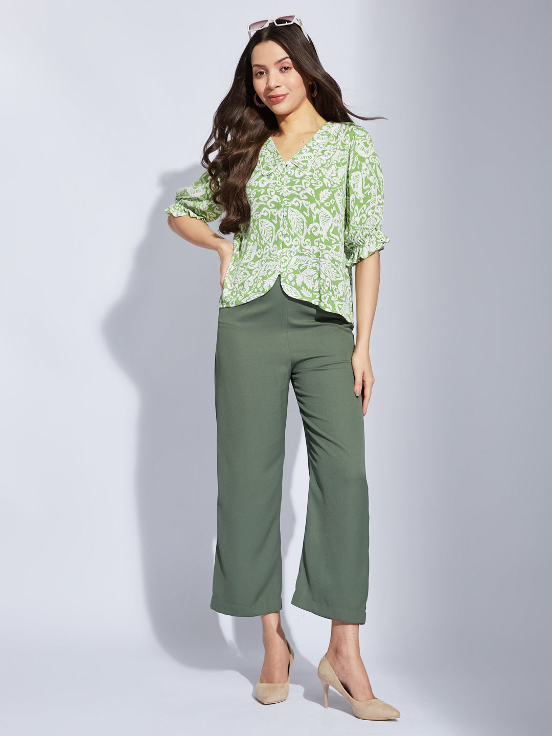 Latin Quarters Women Green Collared Half Sleeves Printed Shirt Blouse For Casual Wear