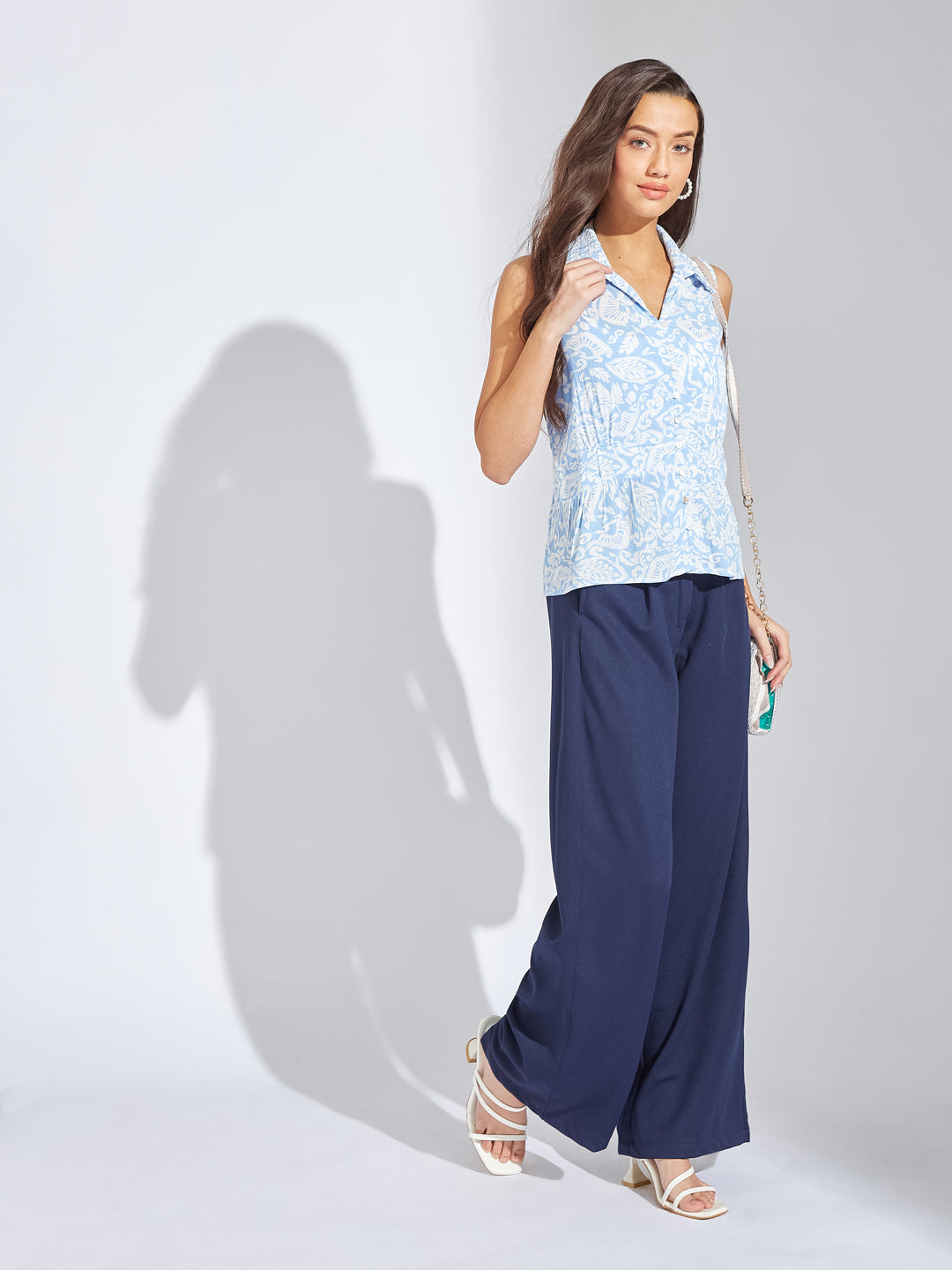 Latin Quarters Women Blue Collar Neck Sleeveless Printed Shirt Blouse For Casual