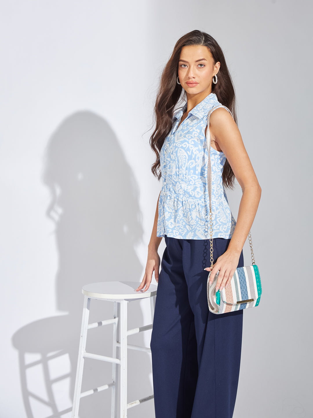 Latin Quarters Women Blue Collar Neck Sleeveless Printed Shirt Blouse For Casual