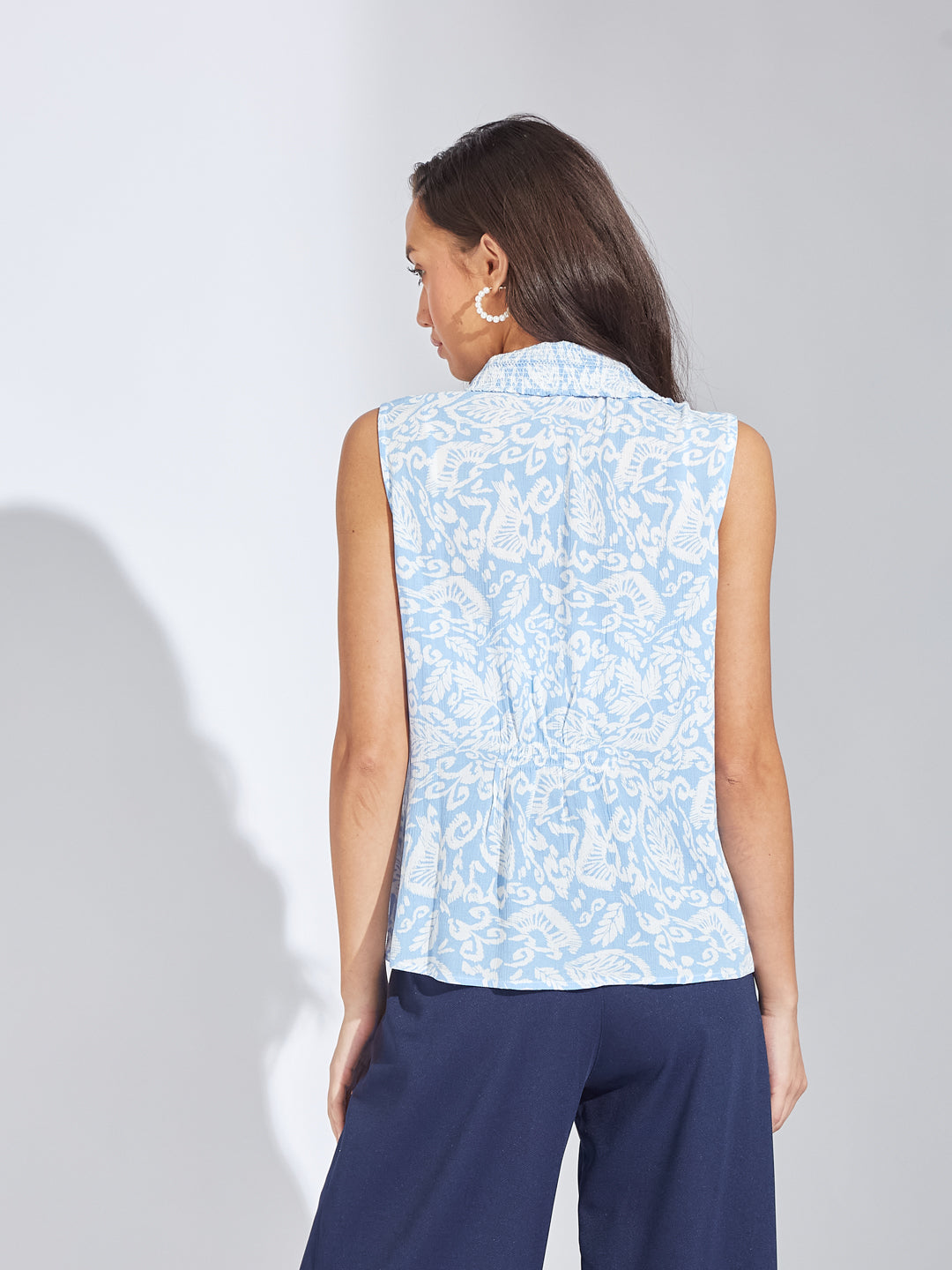 Latin Quarters Women Blue Collar Neck Sleeveless Printed Shirt Blouse For Casual