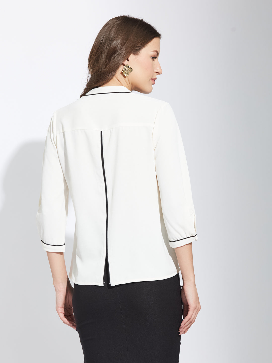 Latin Quarters Women Ivory Round Neck 3/4Th Sleeves Solid Top Blouse For Casual Wear