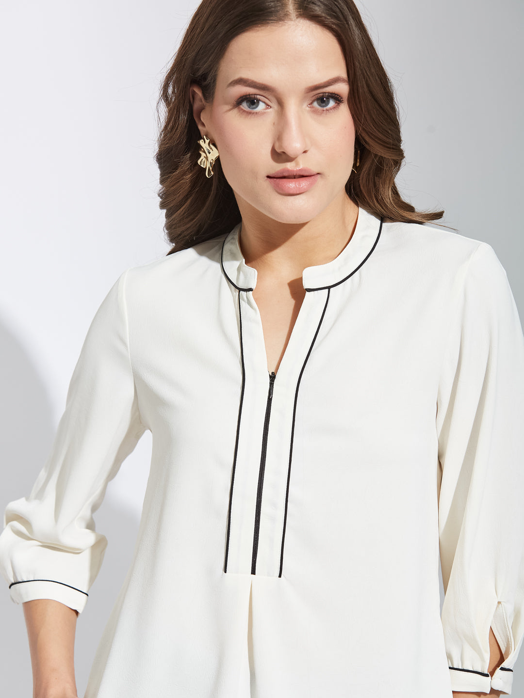 Latin Quarters Women Ivory Round Neck 3/4Th Sleeves Solid Top Blouse For Casual Wear