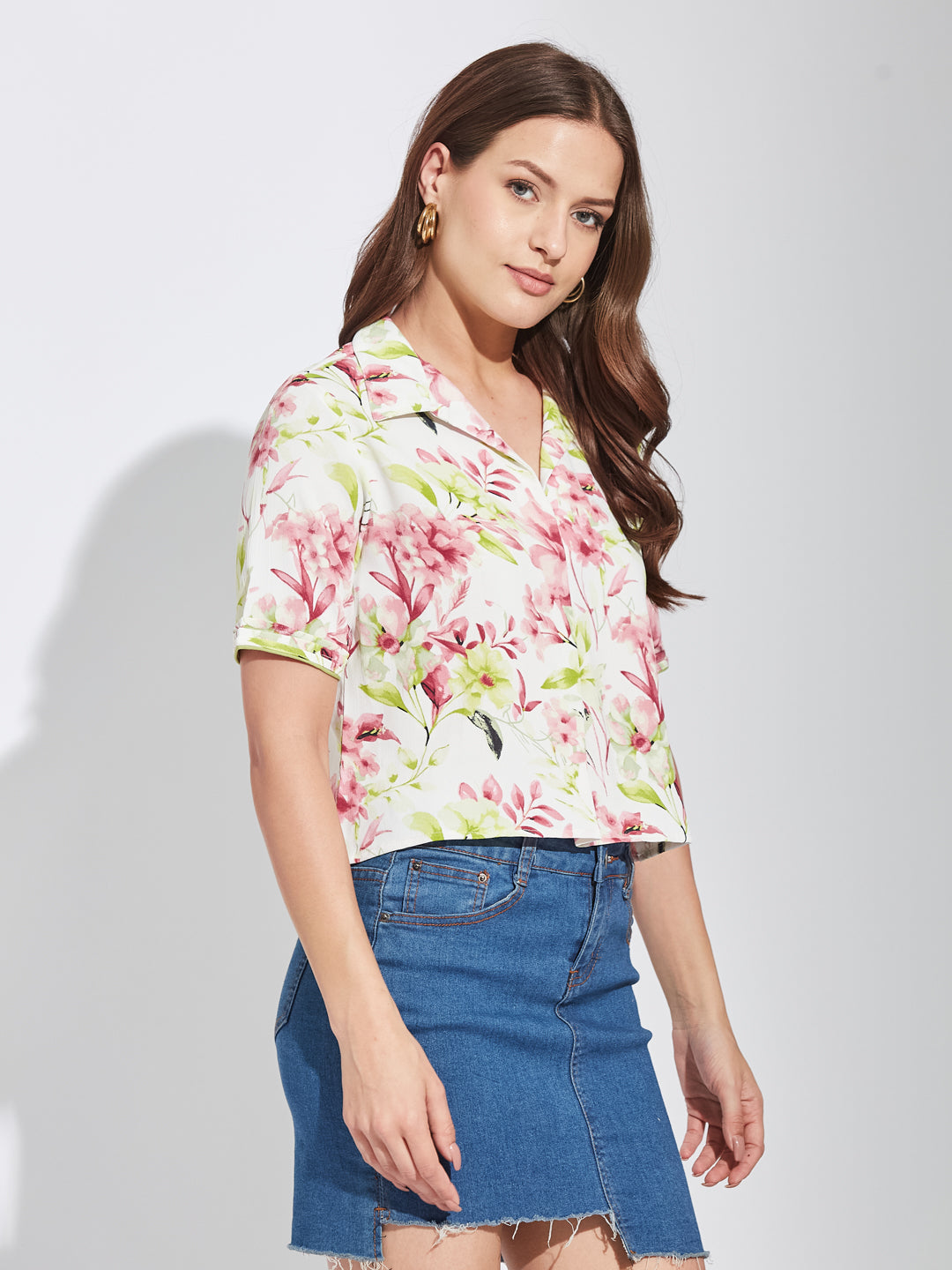 Latin Quarters Women Green Collar Neck Half Sleeves Printed Shirt Blouse For Casual Wear