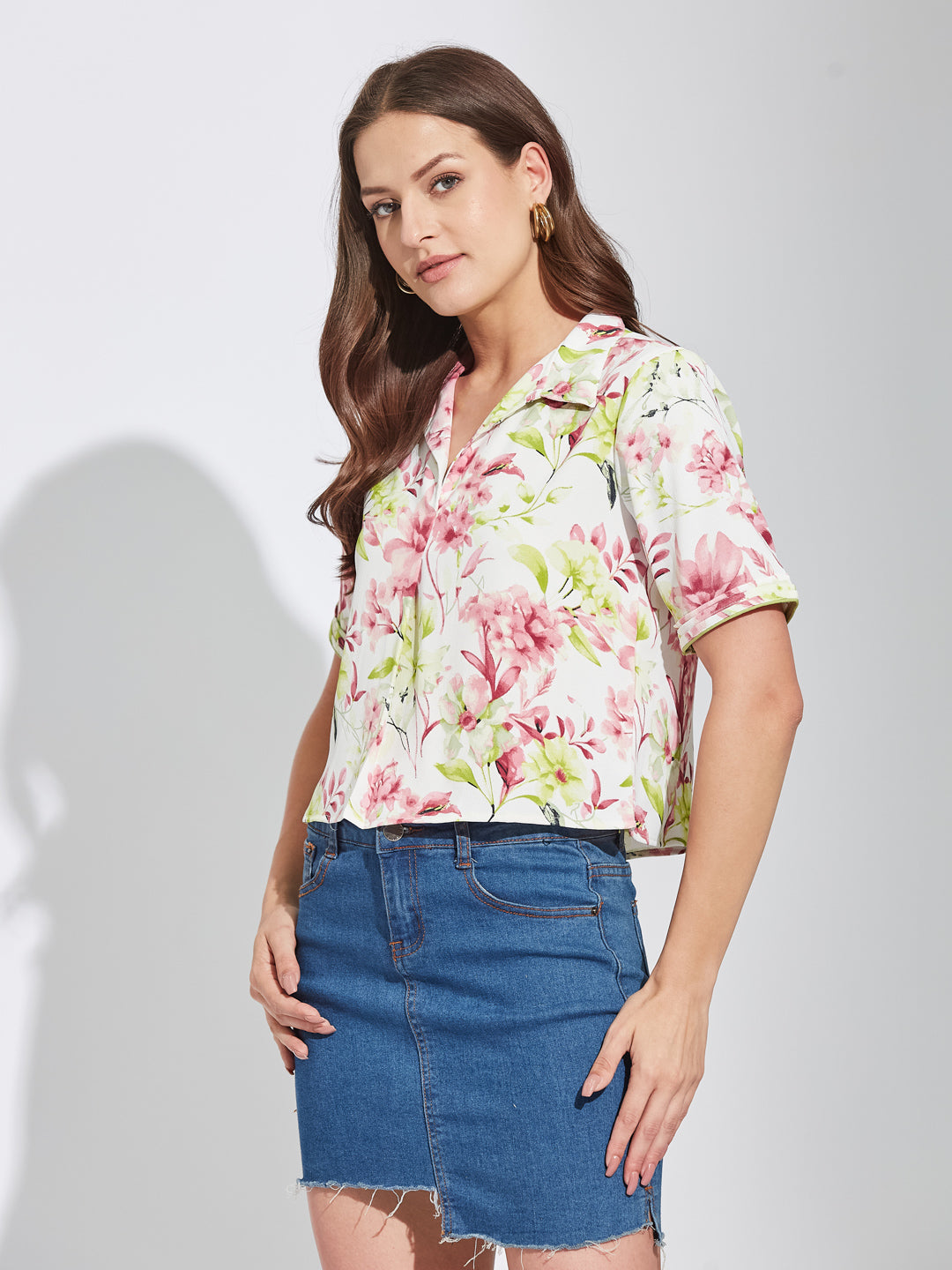Latin Quarters Women Green Collar Neck Half Sleeves Printed Shirt Blouse For Casual Wear