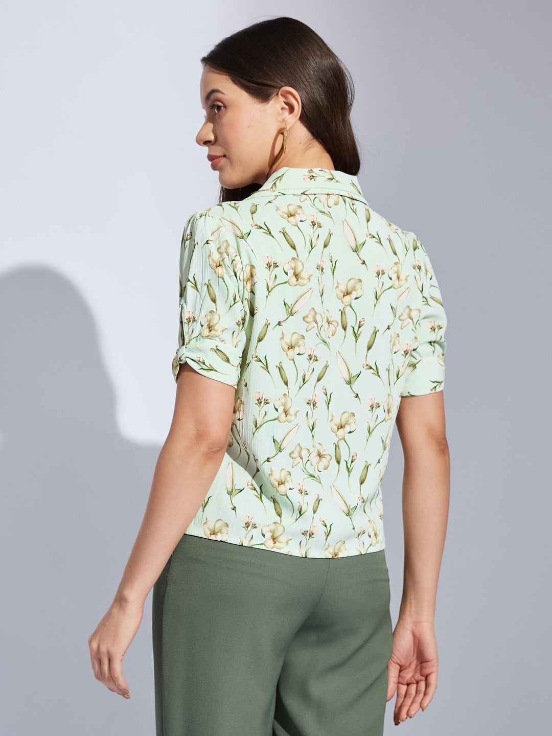 Latin Quarters Women Green Collared Half Sleeves Printed Shirt Blouse