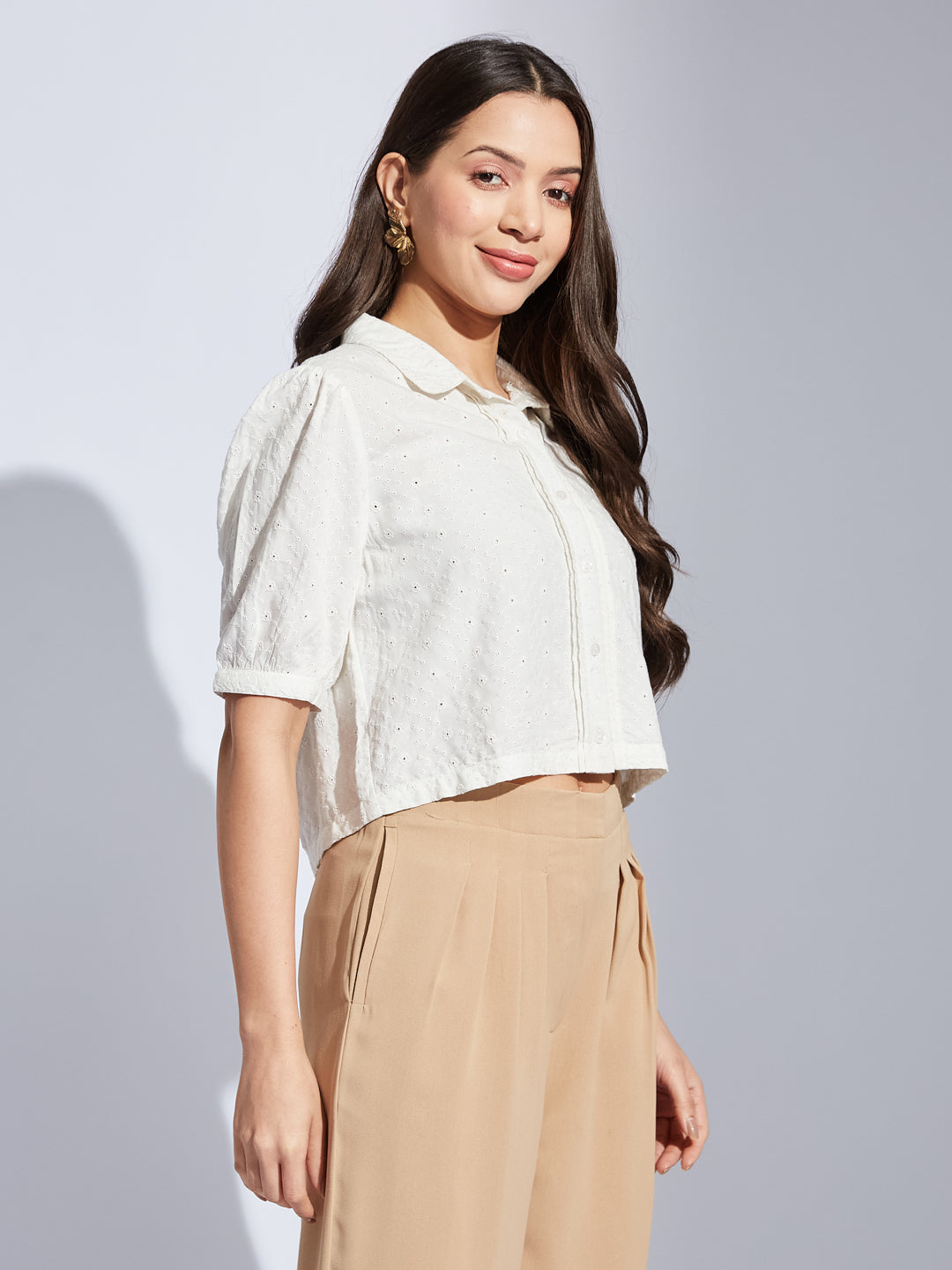 Latin Quarters Women Ivory Collared Half Sleeves Solid Shirt Blouse For Casual Wear