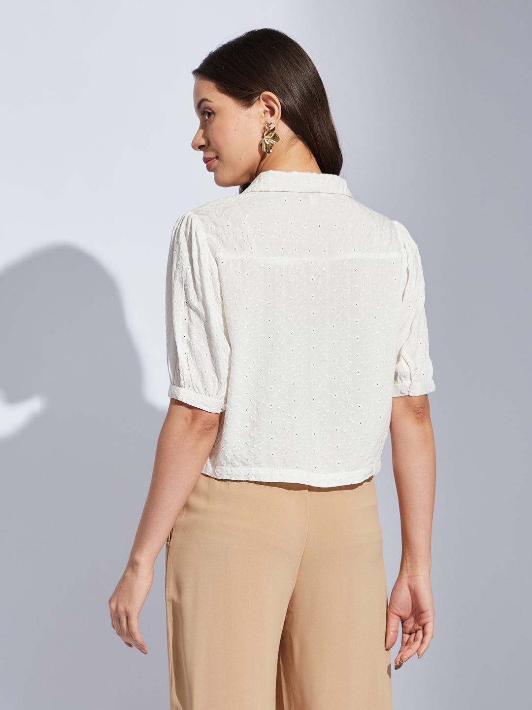 Latin Quarters Women Ivory Collared Half Sleeves Solid Shirt Blouse For Casual Wear