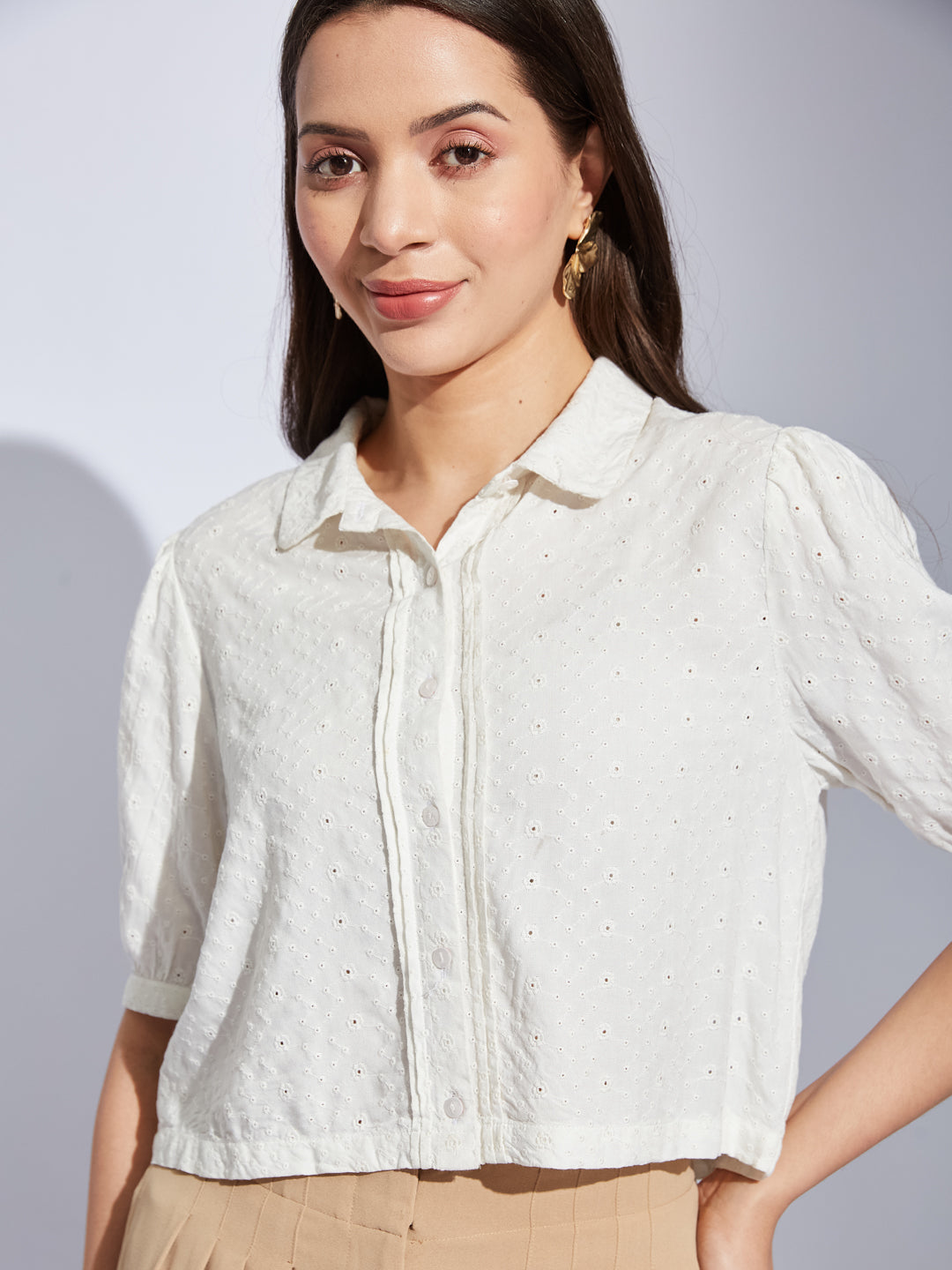 Latin Quarters Women Ivory Collared Half Sleeves Solid Shirt Blouse For Casual Wear