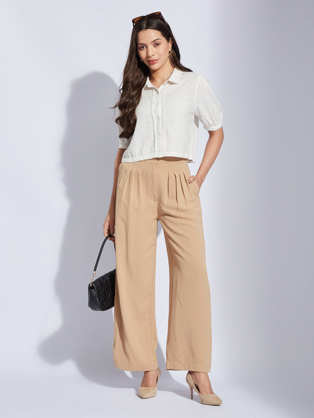 Latin Quarters Women Ivory Collared Half Sleeves Solid Shirt Blouse For Casual Wear