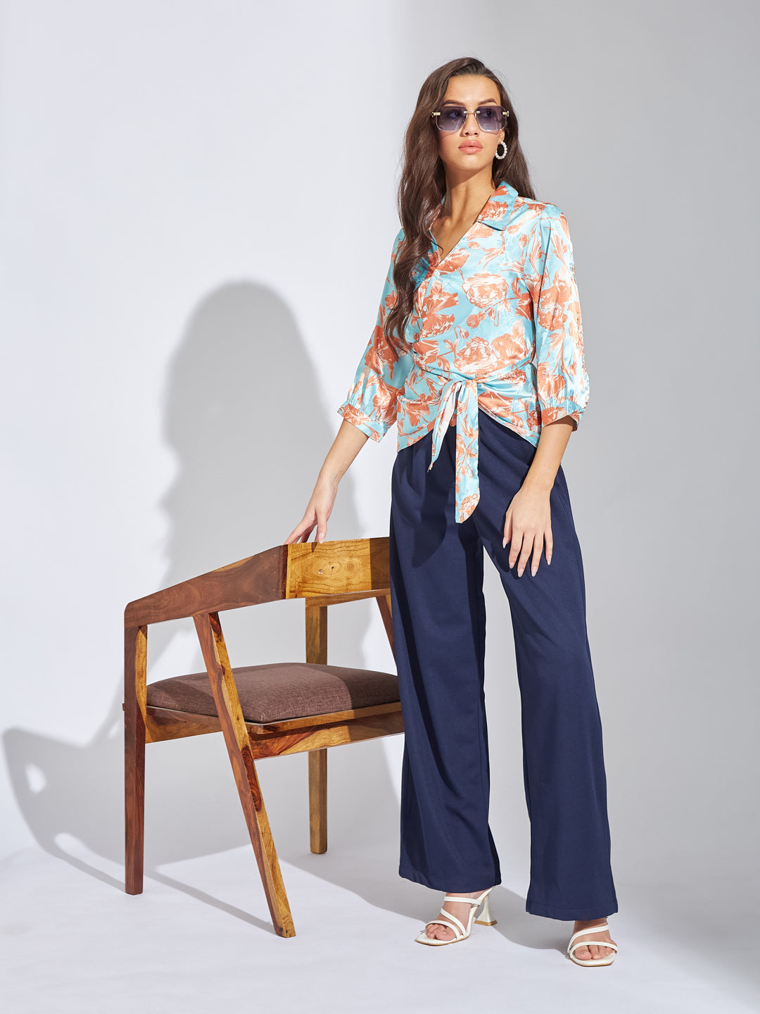 Latin Quarters Women Brown Collar Neck 3/4th Sleeves Printed Blouse Top For Casual