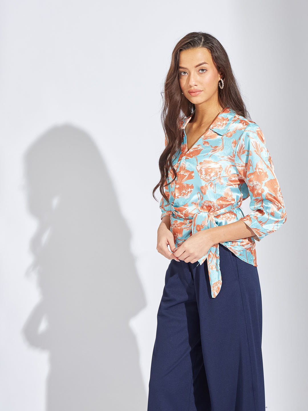 Latin Quarters Women Brown Collar Neck 3/4th Sleeves Printed Blouse Top For Casual