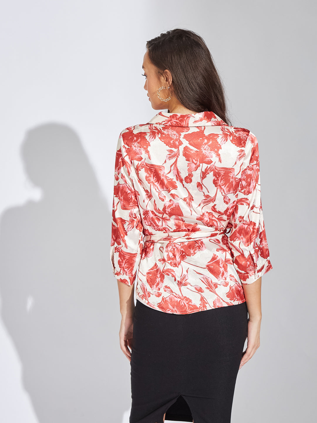 Latin Quarters Women Red Collar Neck 3/4th Sleeves Printed Blouse Top For Casual