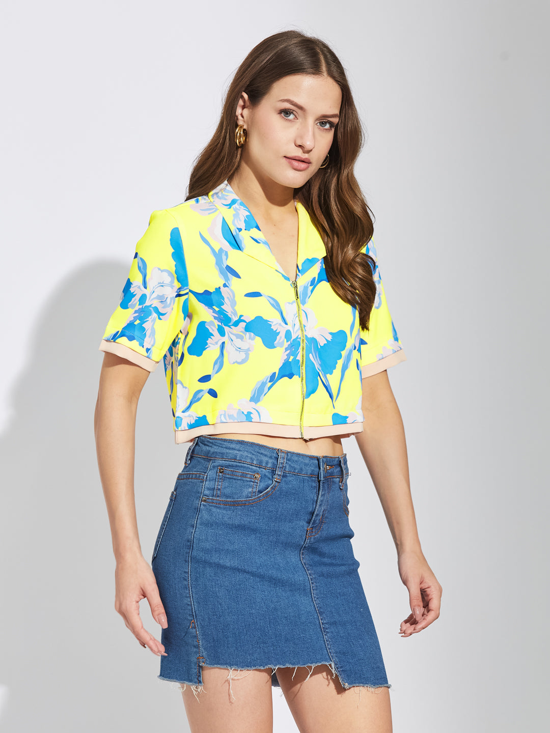 Latin Quarters Women Yellow Collar Neck Half Sleeves Printed Shirt Blouse For Casual Wear