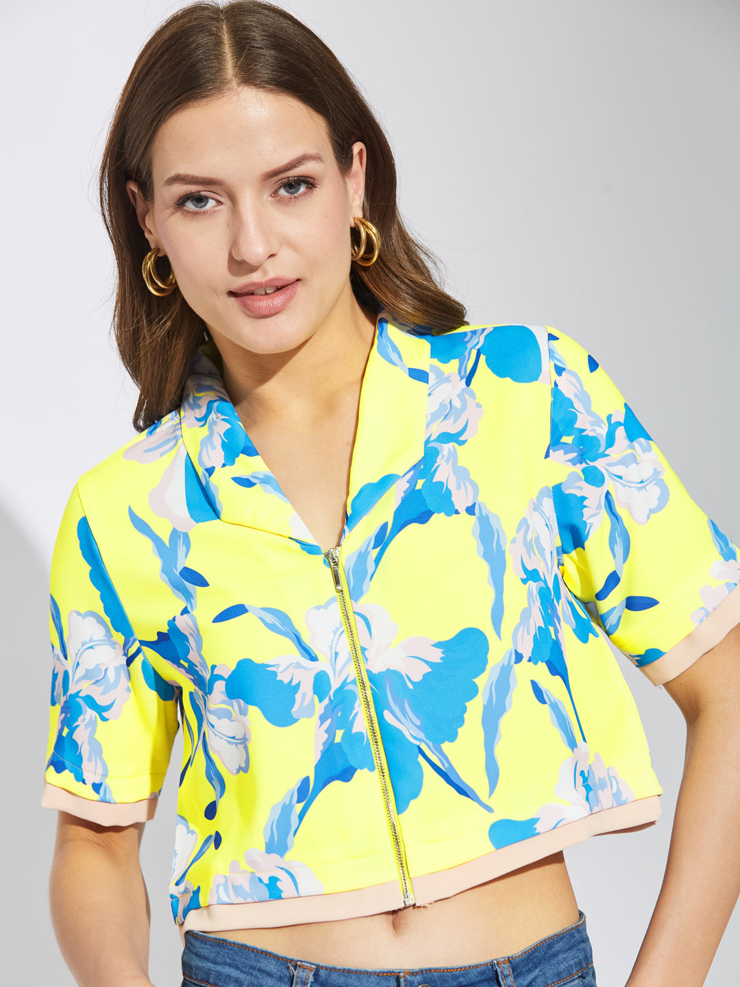 Latin Quarters Women Yellow Collar Neck Half Sleeves Printed Shirt Blouse For Casual Wear