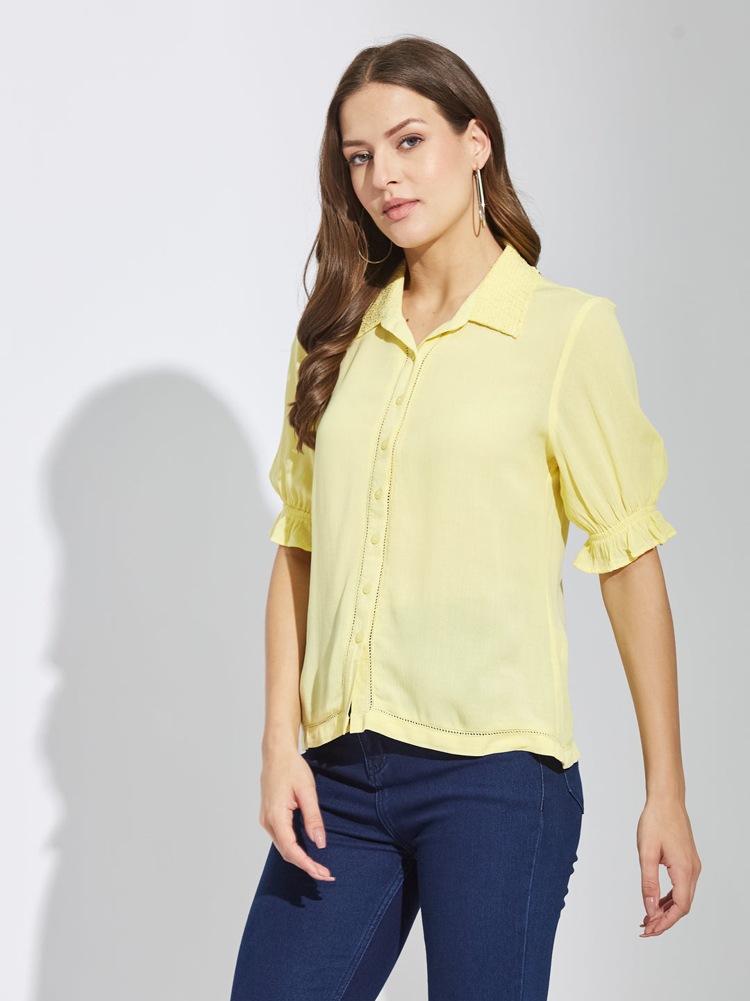 Latin Quarters Women Yellow Collar Neck Half Sleeves Solid Shirt Blouse For Casual Wear