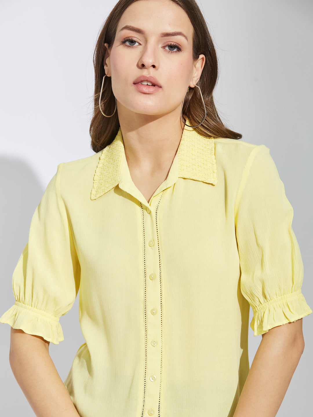 Latin Quarters Women Yellow Collar Neck Half Sleeves Solid Shirt Blouse For Casual Wear
