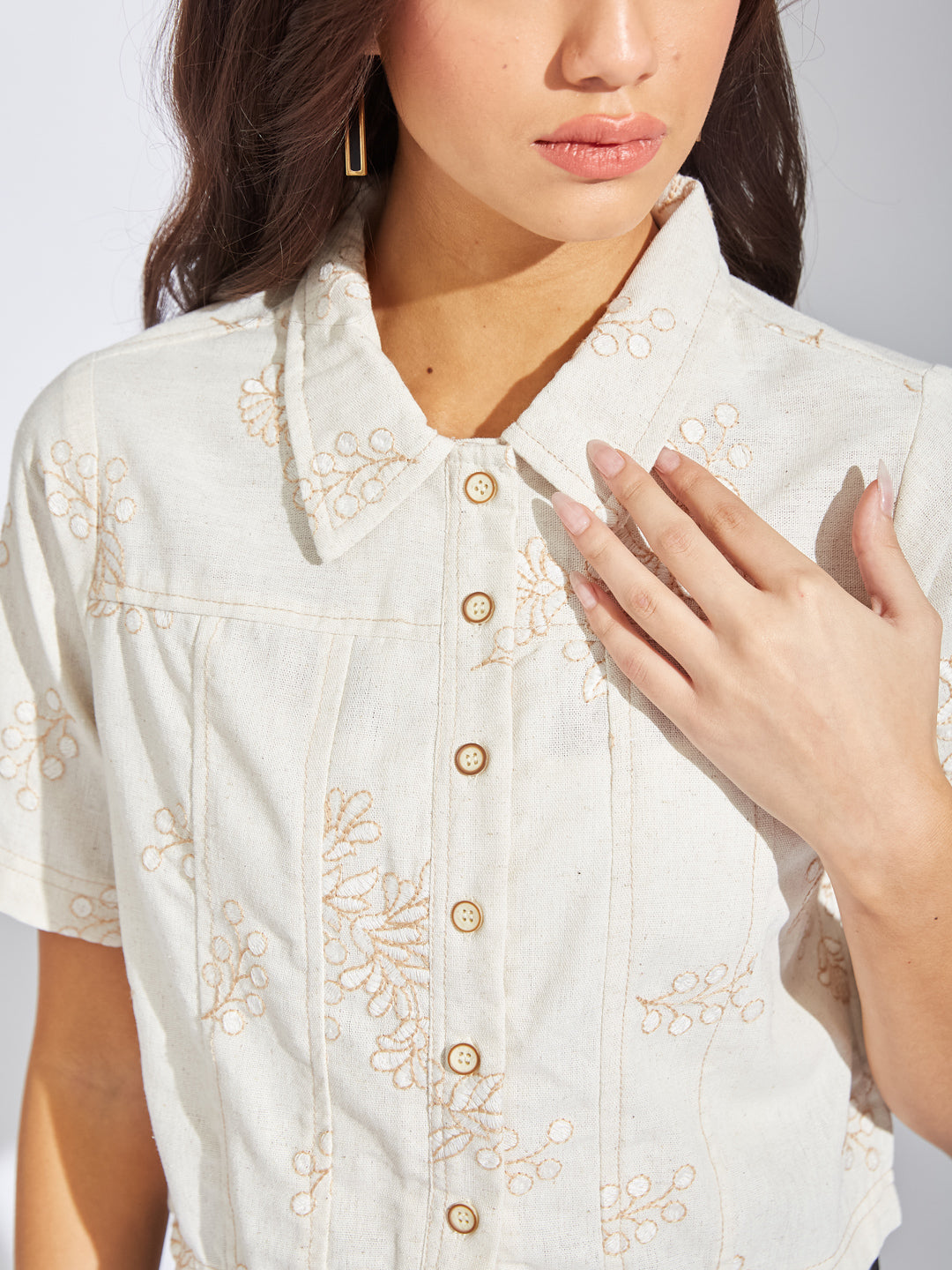Latin Quarters Women Brown Collar Neck Half Sleeves Embroidery Shirt Blouse For Casual