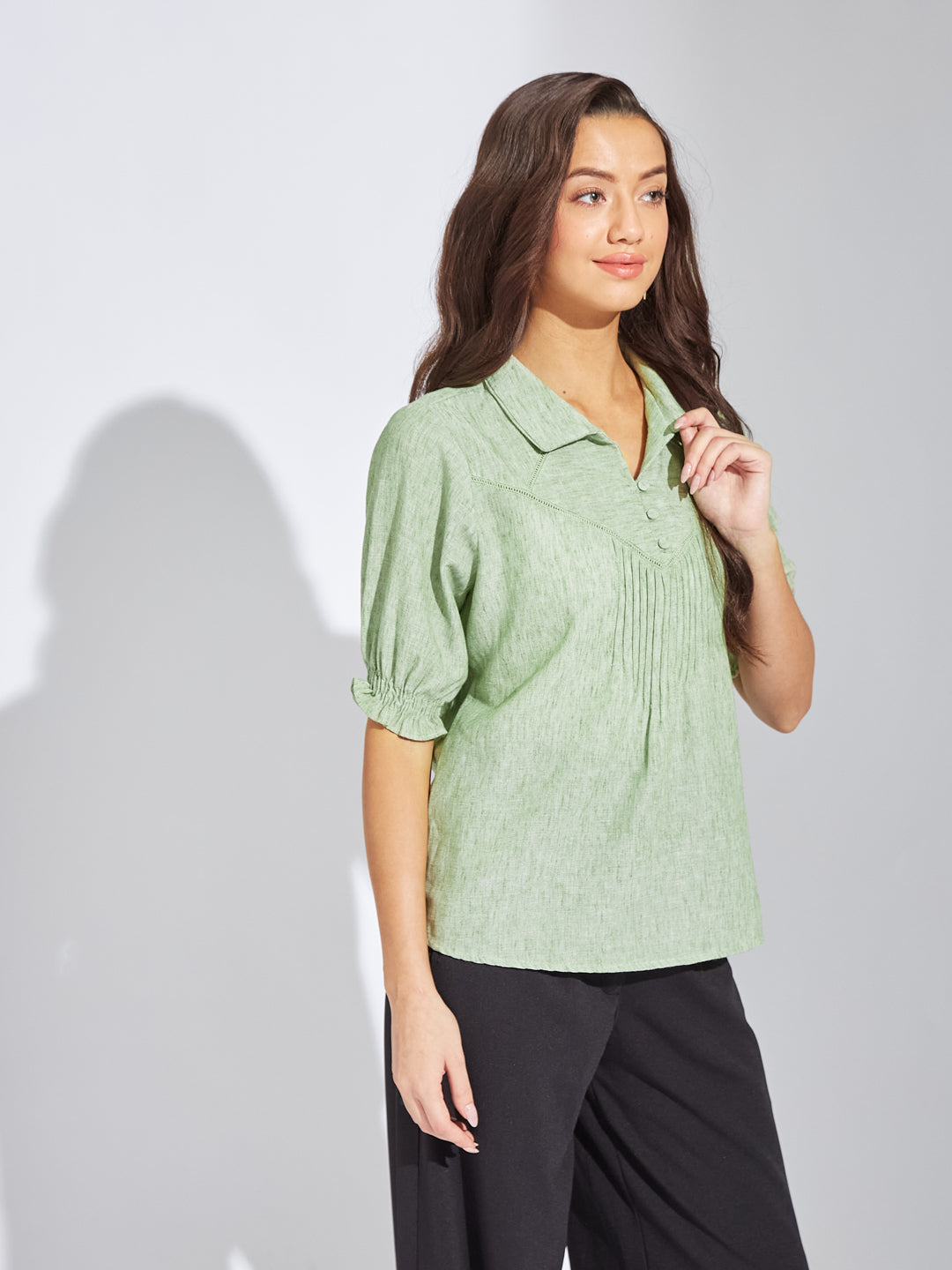 Latin Quarters Women Green Collar Neck Half Sleeves Solid Blouse Top For Casual