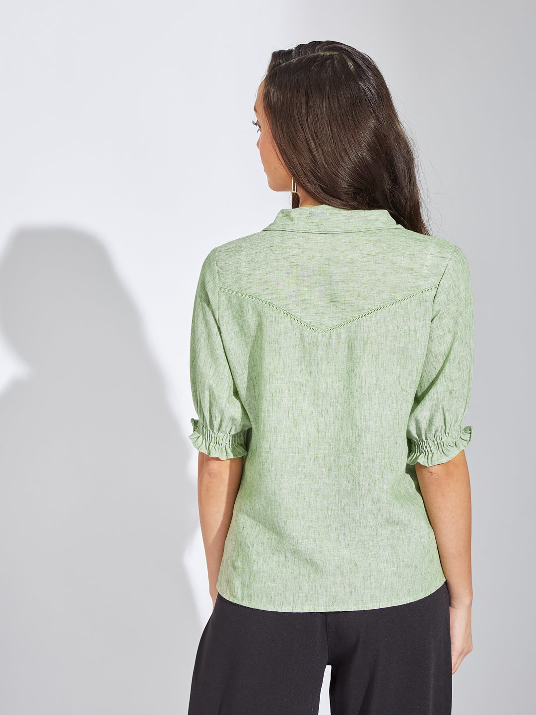Latin Quarters Women Green Collar Neck Half Sleeves Solid Blouse Top For Casual