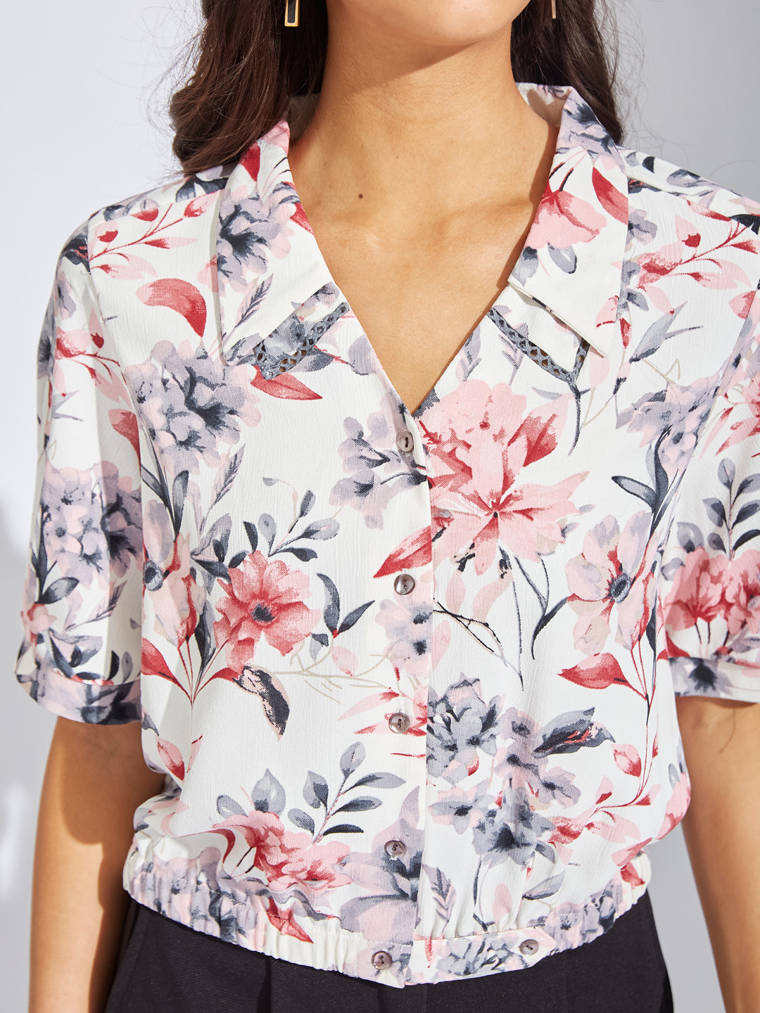 Latin Quarters Women Maroon Collar Neck Half Sleeves Printed Shirt Blouse For Casual
