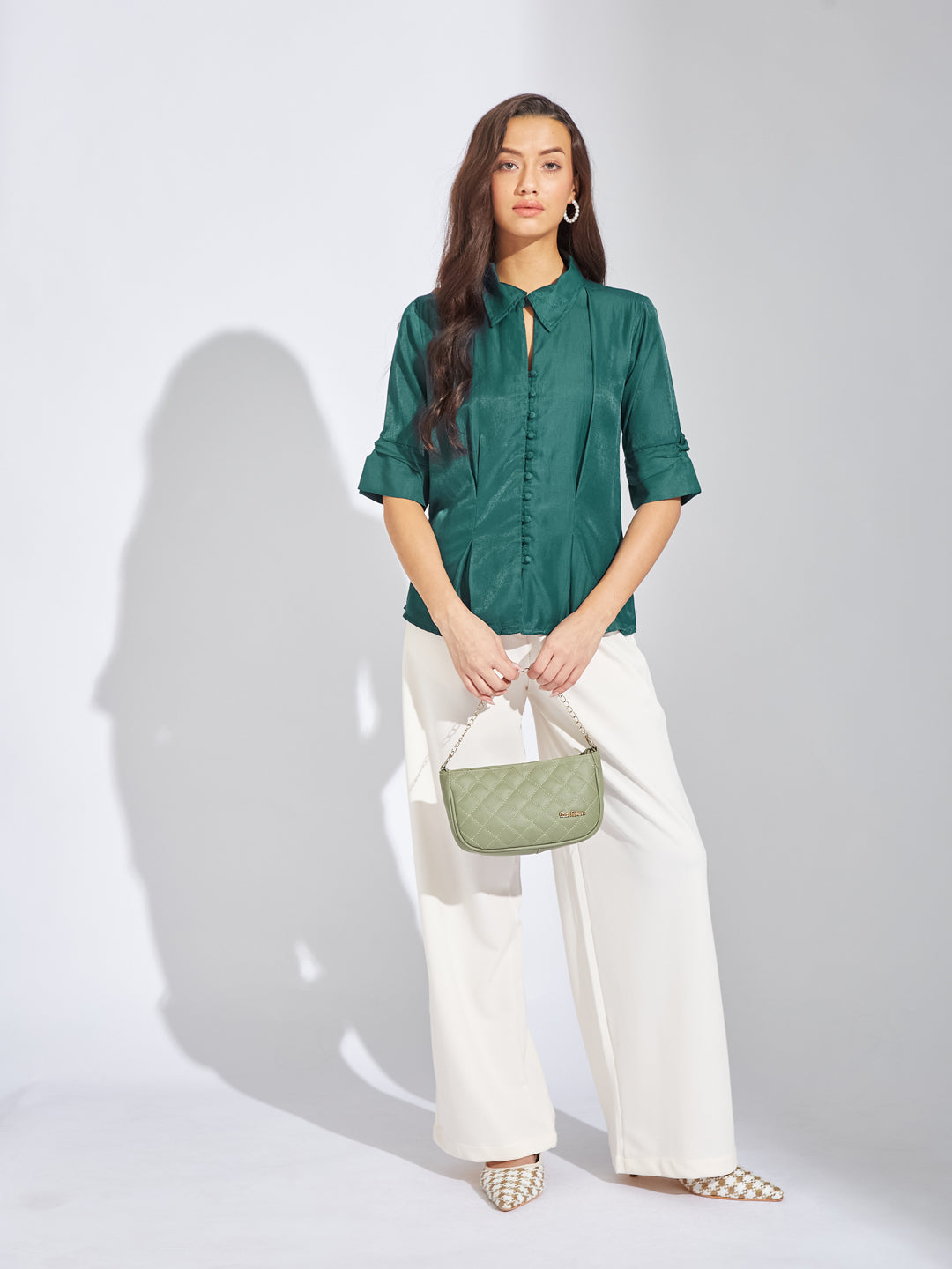 Latin Quarters Women Teal Collar Neck Half Sleeves Solid Blouse Top For Casual