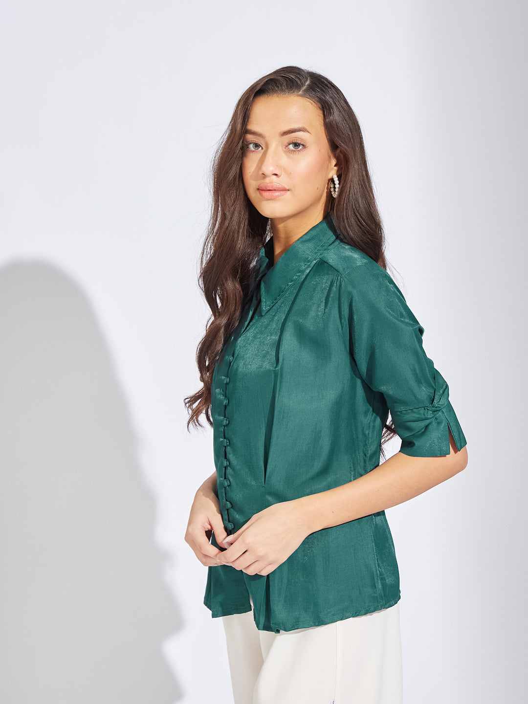 Latin Quarters Women Teal Collar Neck Half Sleeves Solid Blouse Top For Casual