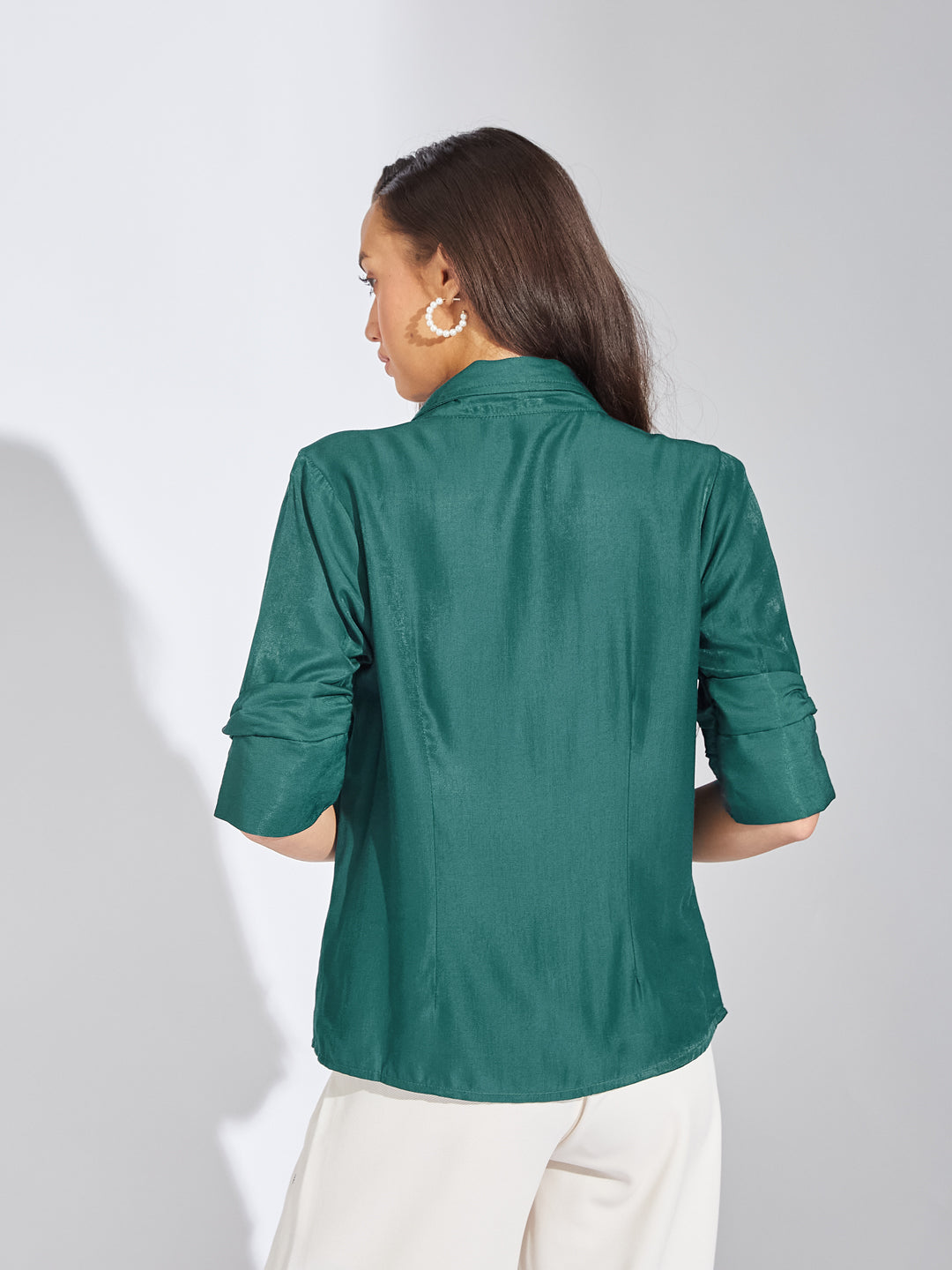 Latin Quarters Women Teal Collar Neck Half Sleeves Solid Blouse Top For Casual