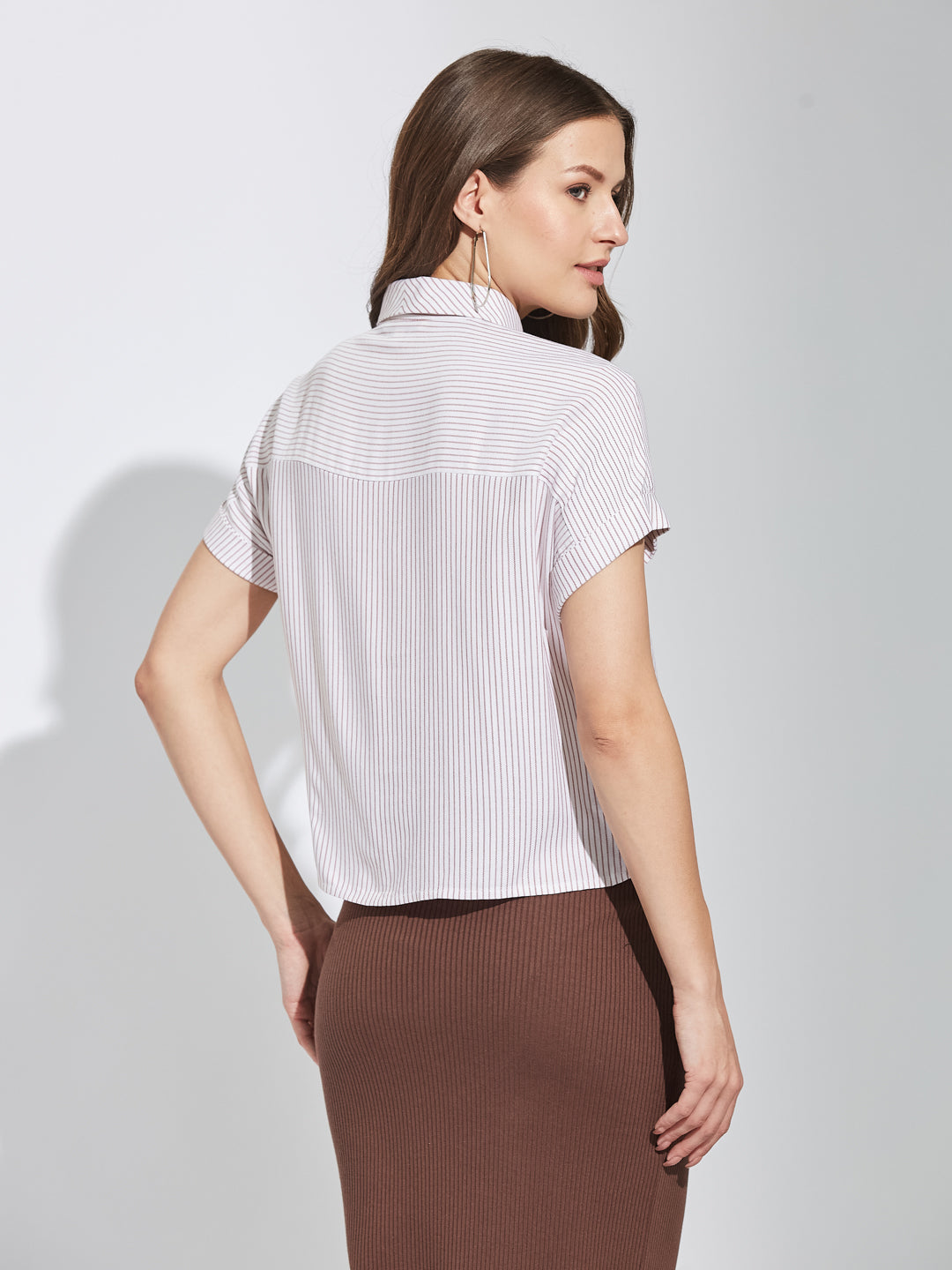 Latin Quarters Women Rust Collar Neck Half Sleeves Stripes Shirt Blouse For Casual Wear
