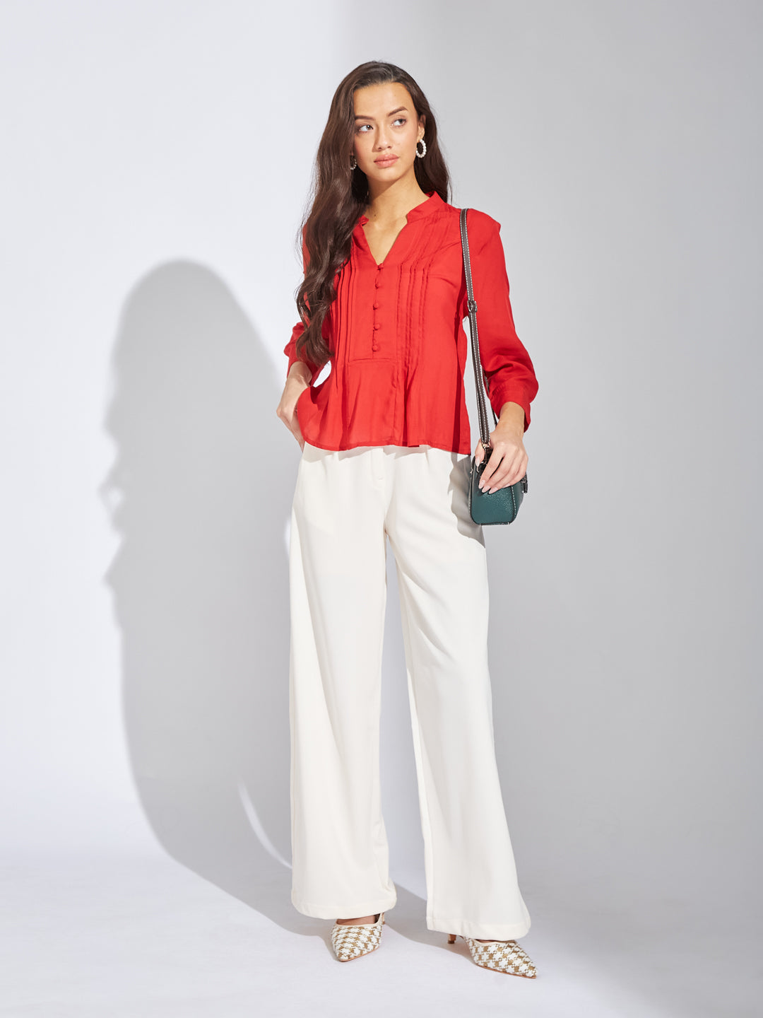 Latin Quarters Women Red Mandarin Collar 3/4th Sleeves Solid Shirt Blouse For Casual