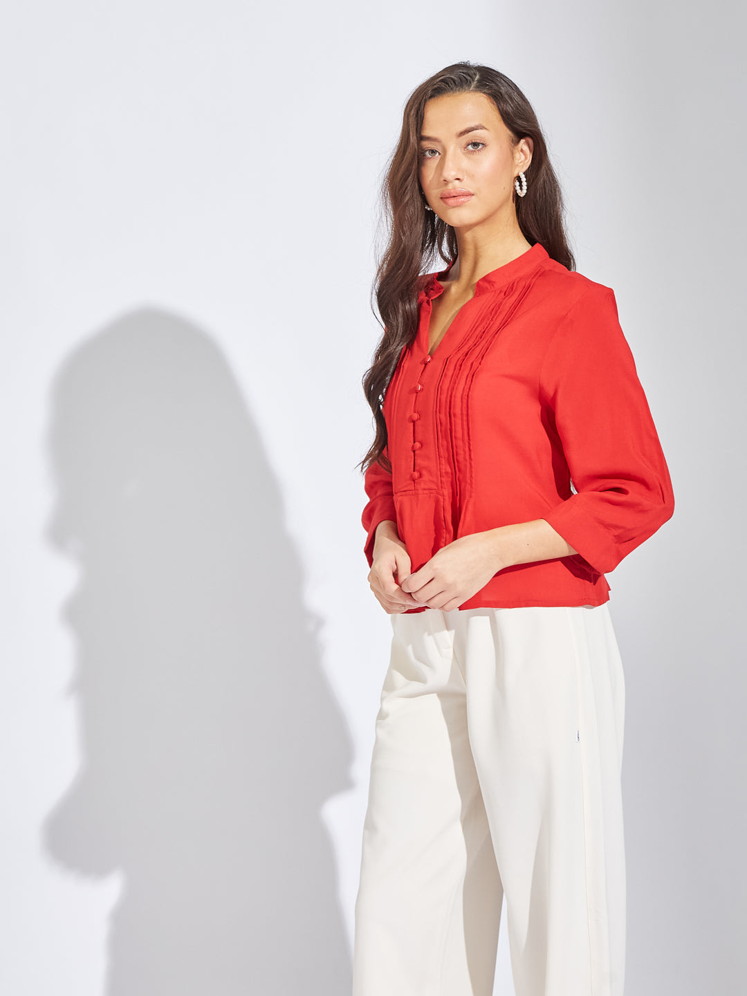 Latin Quarters Women Red Mandarin Collar 3/4th Sleeves Solid Shirt Blouse For Casual