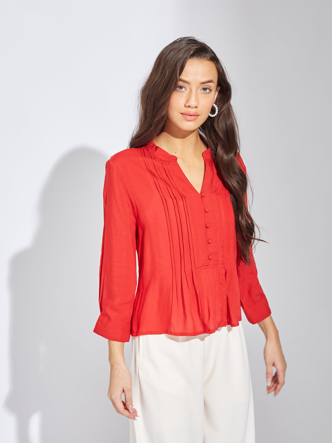 Latin Quarters Women Red Mandarin Collar 3/4th Sleeves Solid Shirt Blouse For Casual