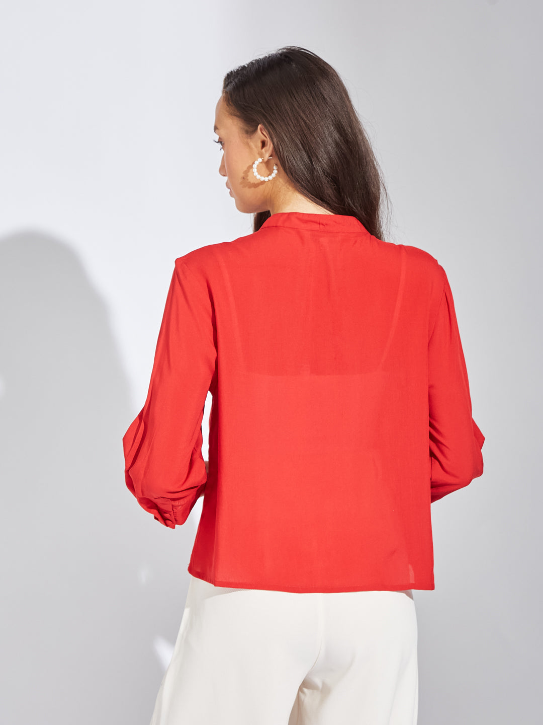 Latin Quarters Women Red Mandarin Collar 3/4th Sleeves Solid Shirt Blouse For Casual