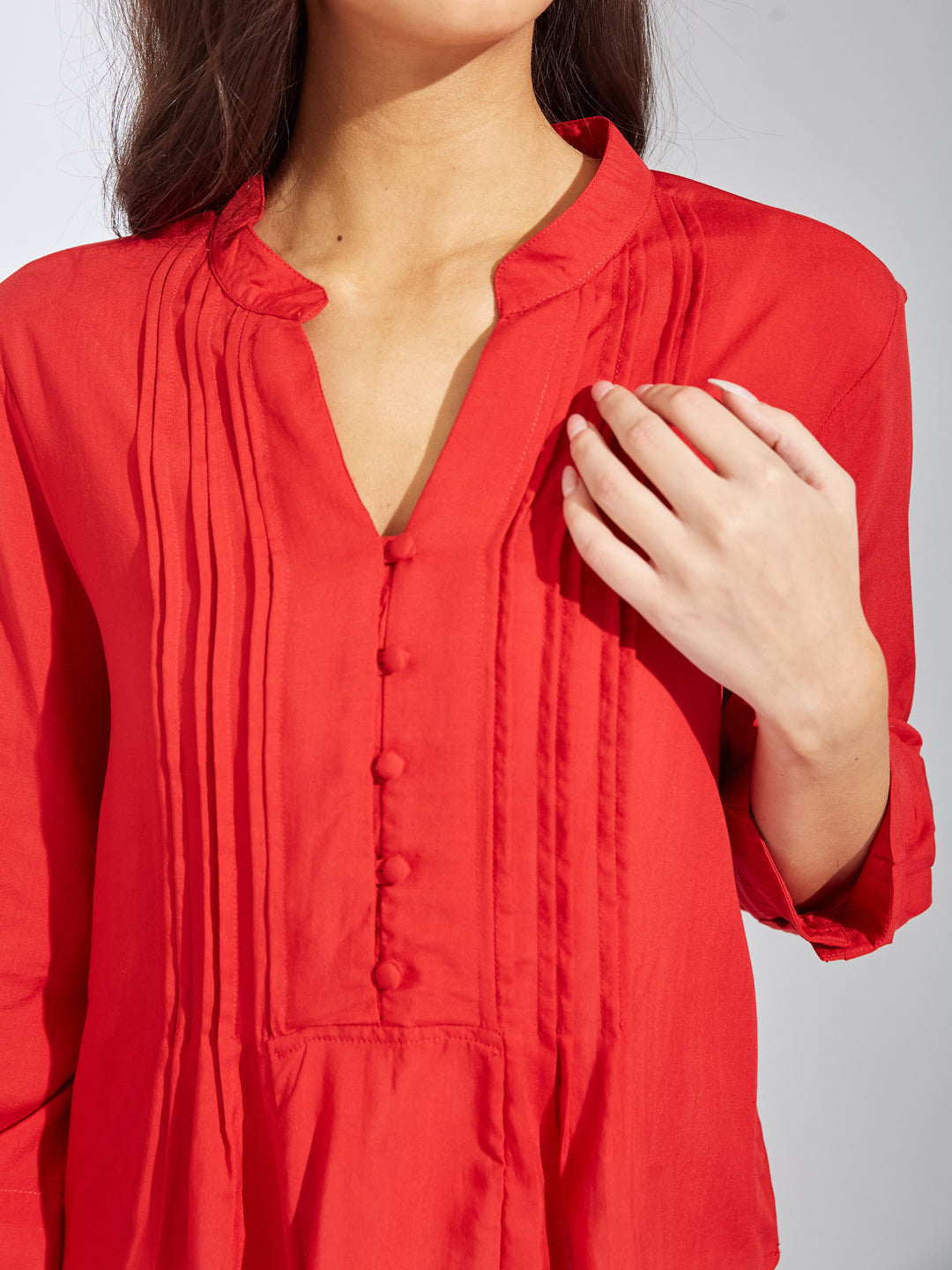 Latin Quarters Women Red Mandarin Collar 3/4th Sleeves Solid Shirt Blouse For Casual