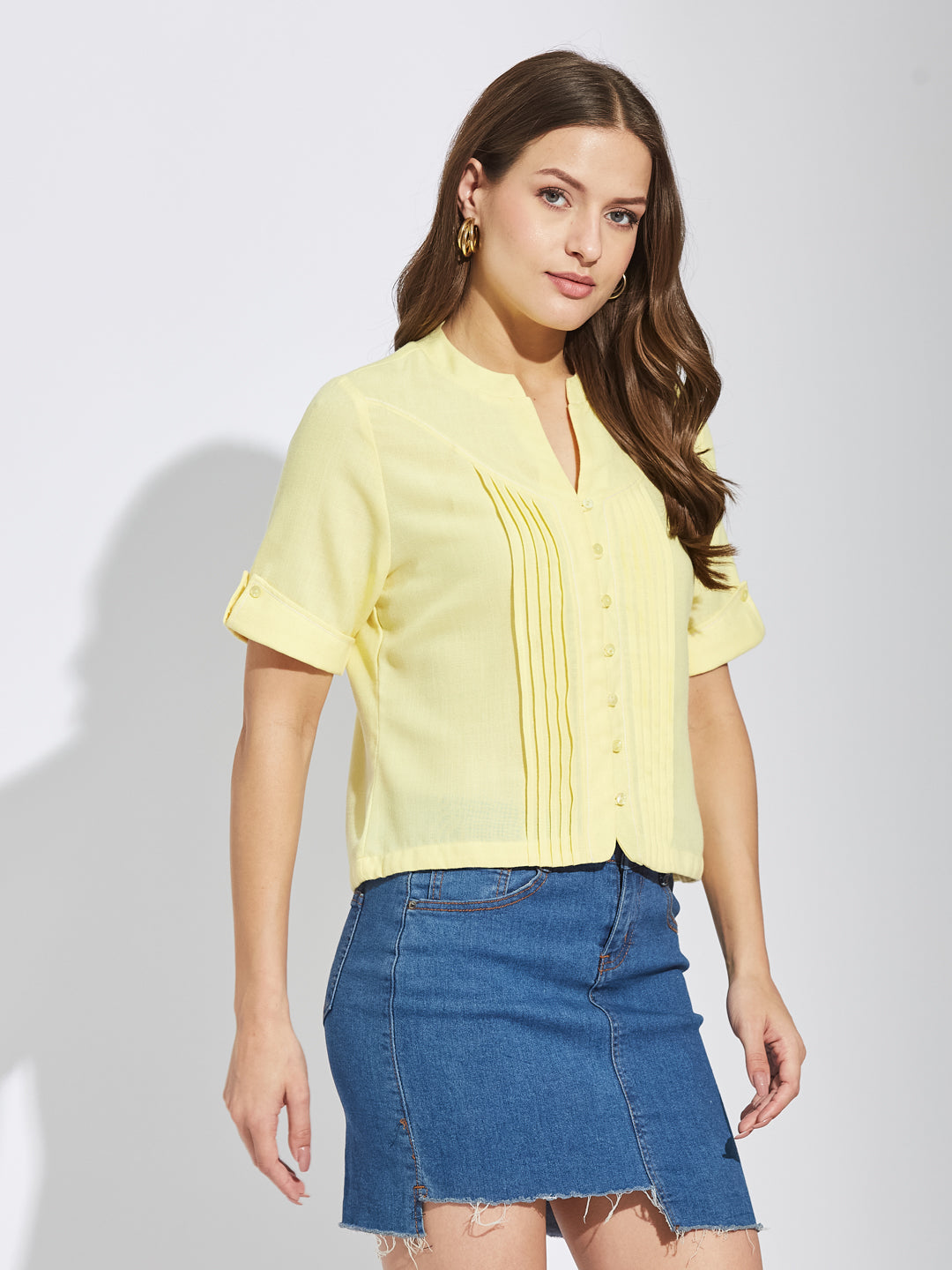 Latin Quarters Women Yellow Mandarin Collar Half Sleeves Solid Shirt Blouse For Casual Wear