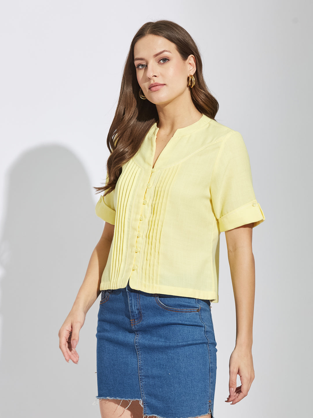 Latin Quarters Women Yellow Mandarin Collar Half Sleeves Solid Shirt Blouse For Casual Wear