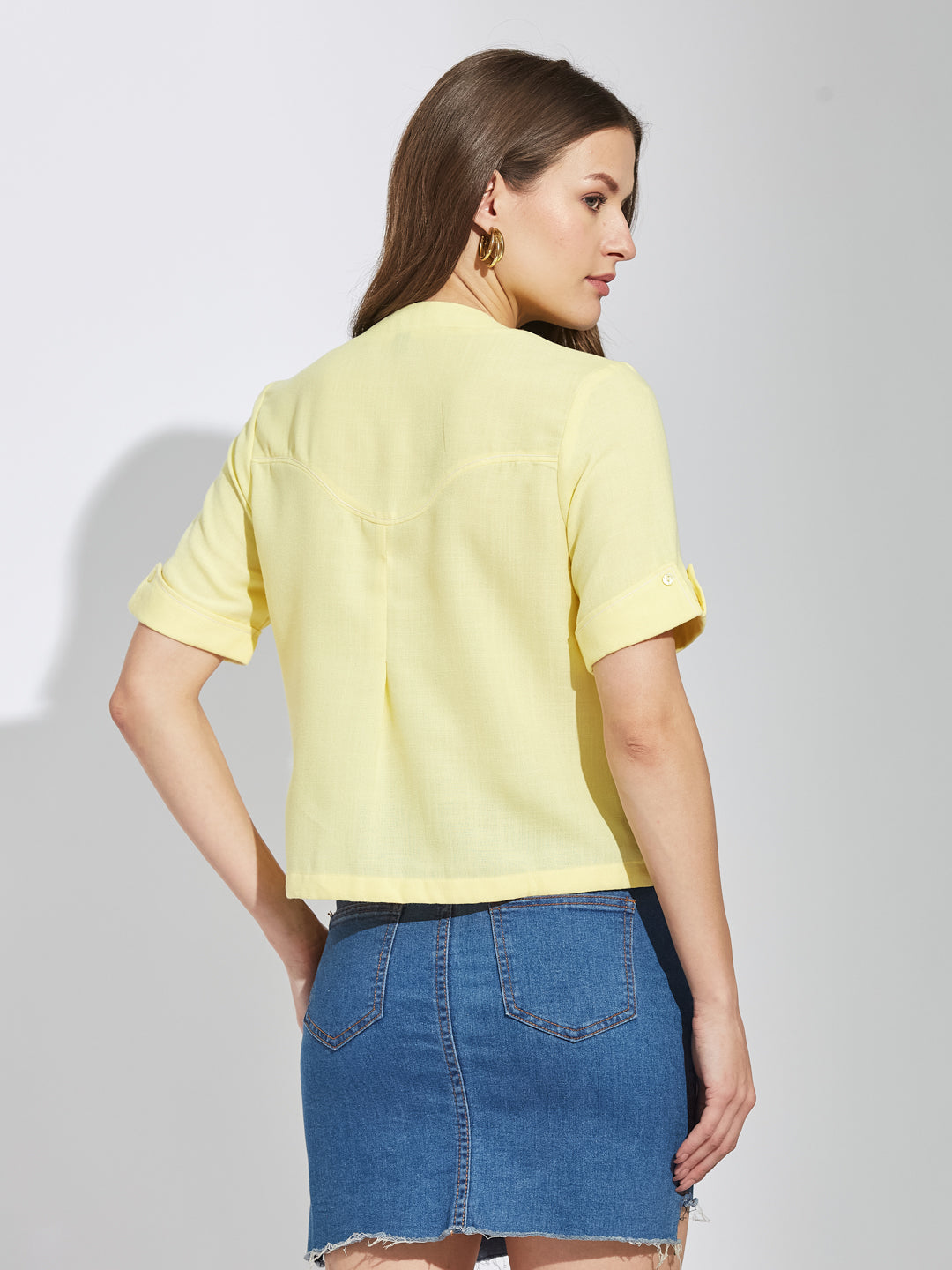Latin Quarters Women Yellow Mandarin Collar Half Sleeves Solid Shirt Blouse For Casual Wear