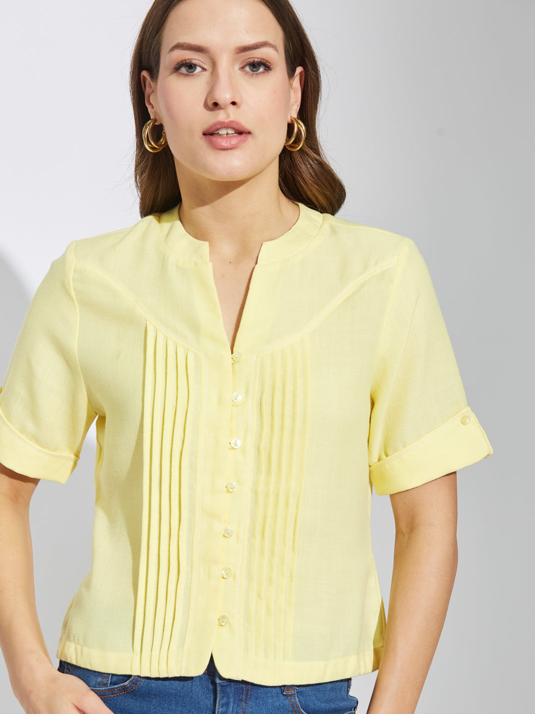 Latin Quarters Women Yellow Mandarin Collar Half Sleeves Solid Shirt Blouse For Casual Wear