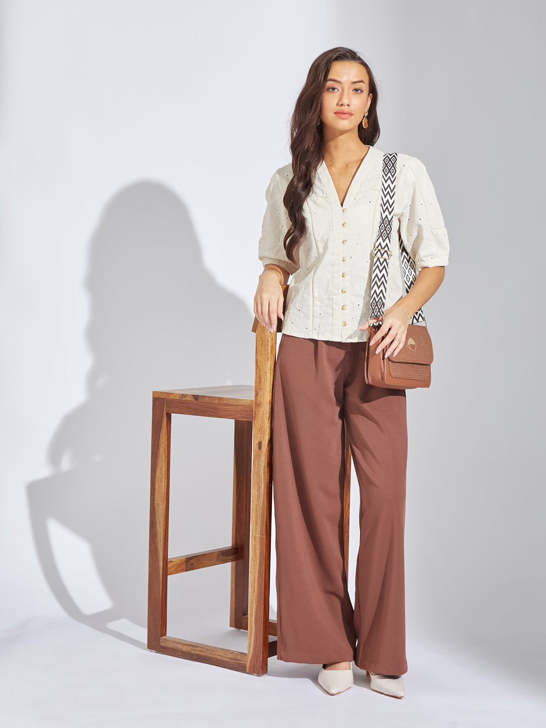 Latin Quarters Women Beige V-Neck Half Sleeves Solid Blouse Top For Casual