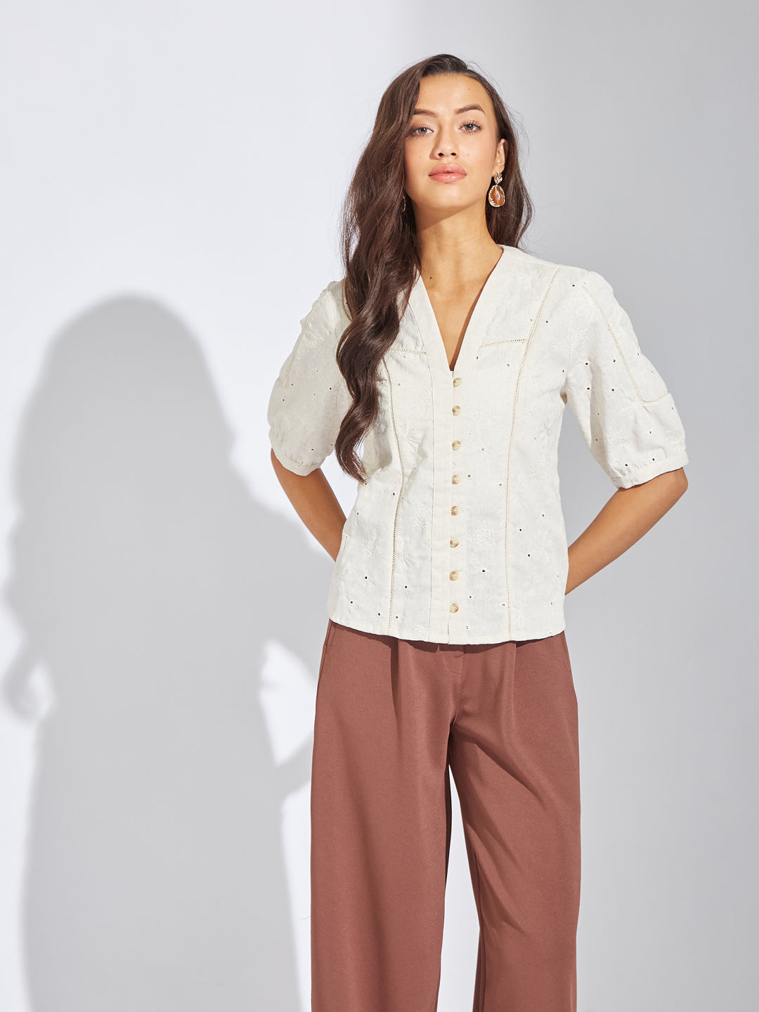 Latin Quarters Women Beige V-Neck Half Sleeves Solid Blouse Top For Casual