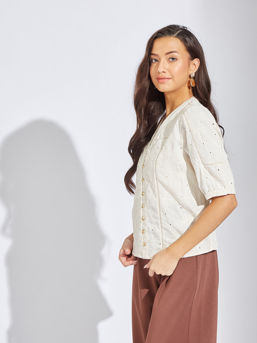 Latin Quarters Women Beige V-Neck Half Sleeves Solid Blouse Top For Casual