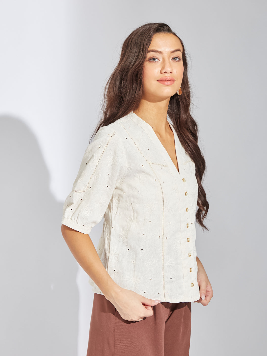 Latin Quarters Women Beige V-Neck Half Sleeves Solid Blouse Top For Casual