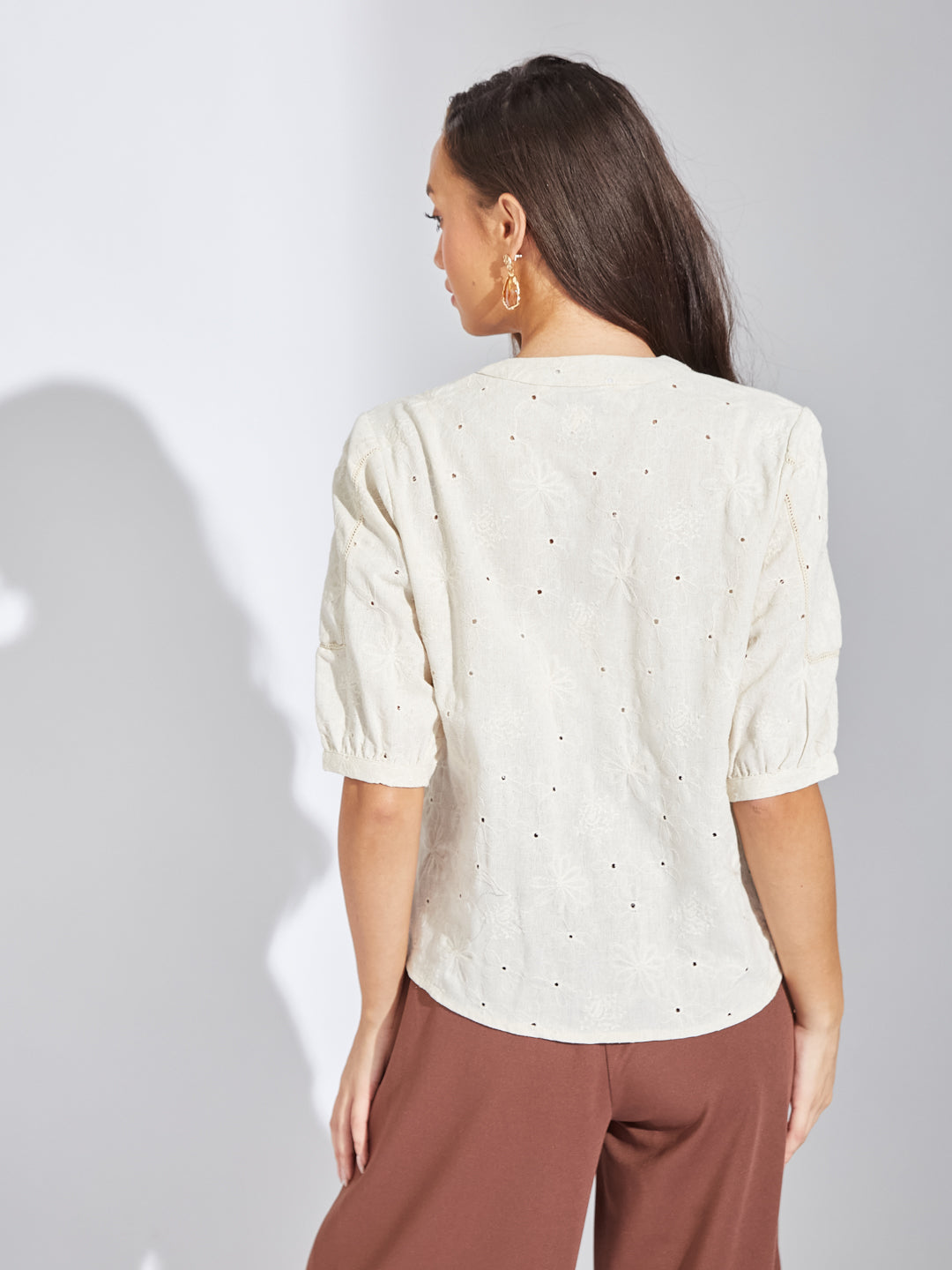 Latin Quarters Women Beige V-Neck Half Sleeves Solid Blouse Top For Casual