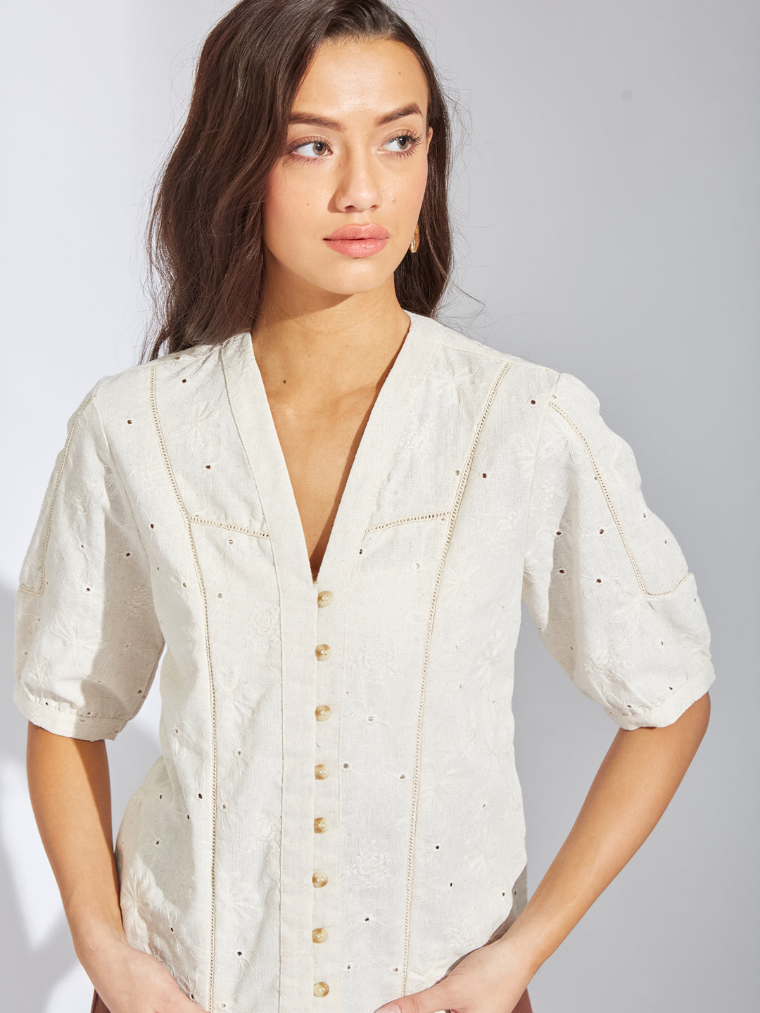 Latin Quarters Women Beige V-Neck Half Sleeves Solid Blouse Top For Casual