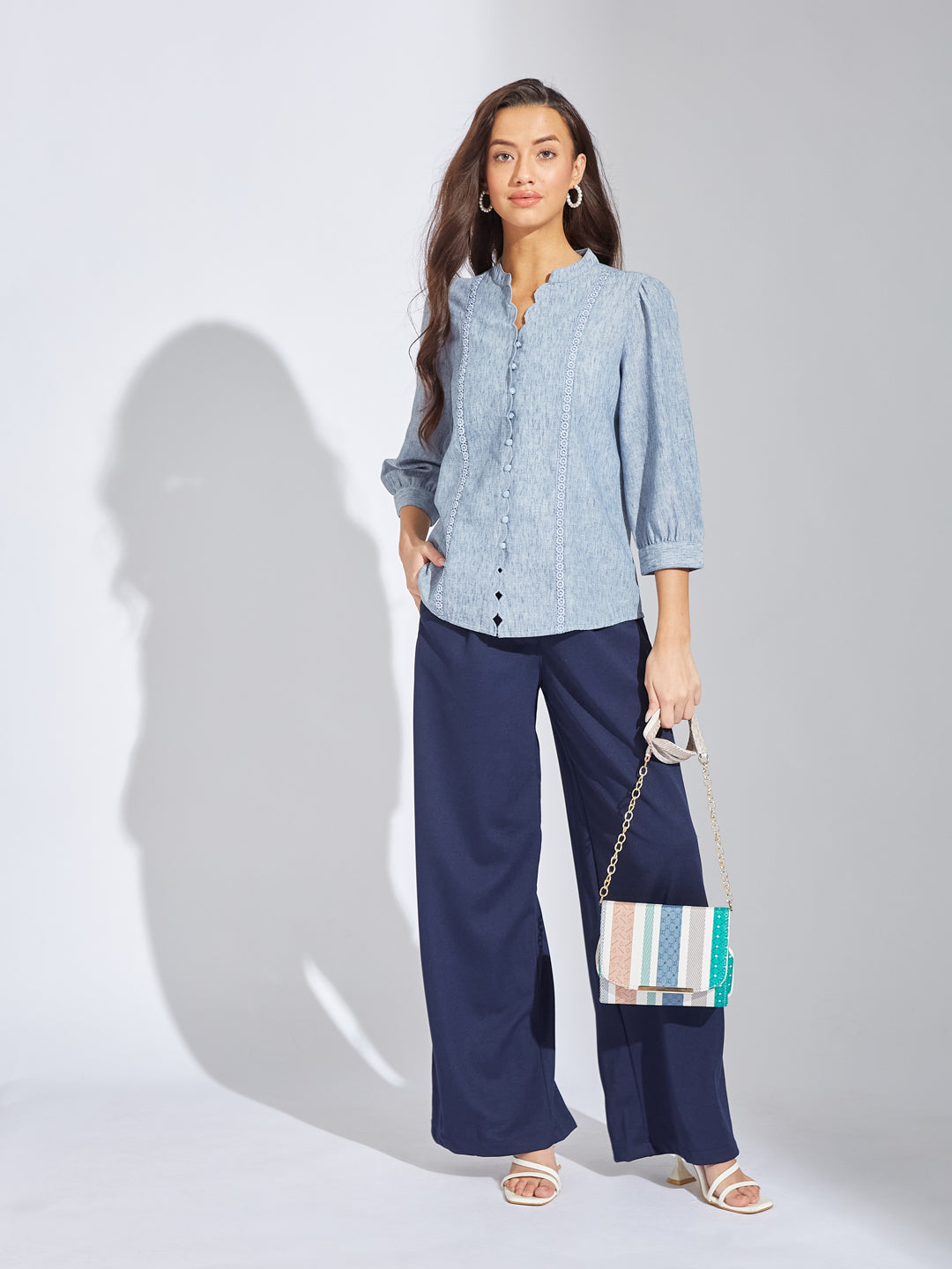 Latin Quarters Women Blue Mandarin Collar 3/4th Sleeves Solid Shirt Blouse For Casual